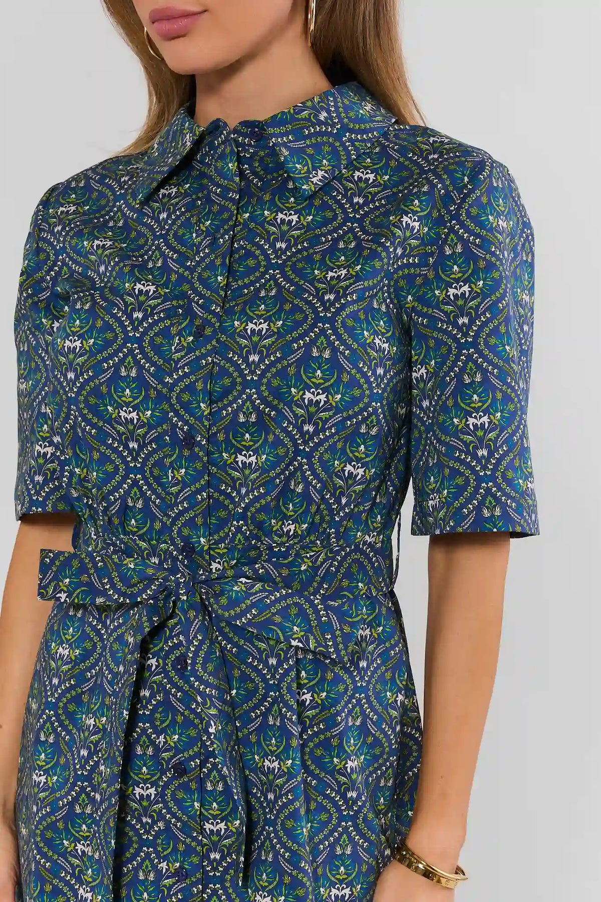 Allison Navy Printed Shirtdress - Close-Up Collar and Button Placket, Floral Diamond Print Detail | Avara
