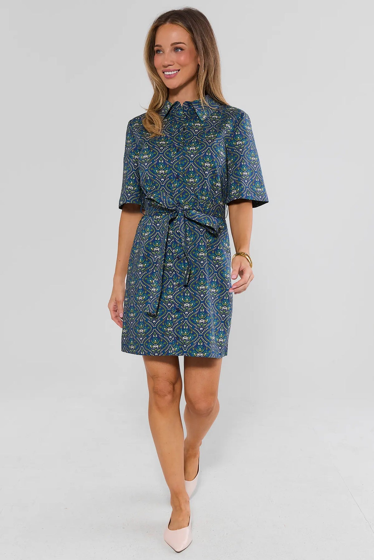 Allison Navy Printed Short Dress - Full Length Front View with Heels, Self-Tie Waist Belt | Avara