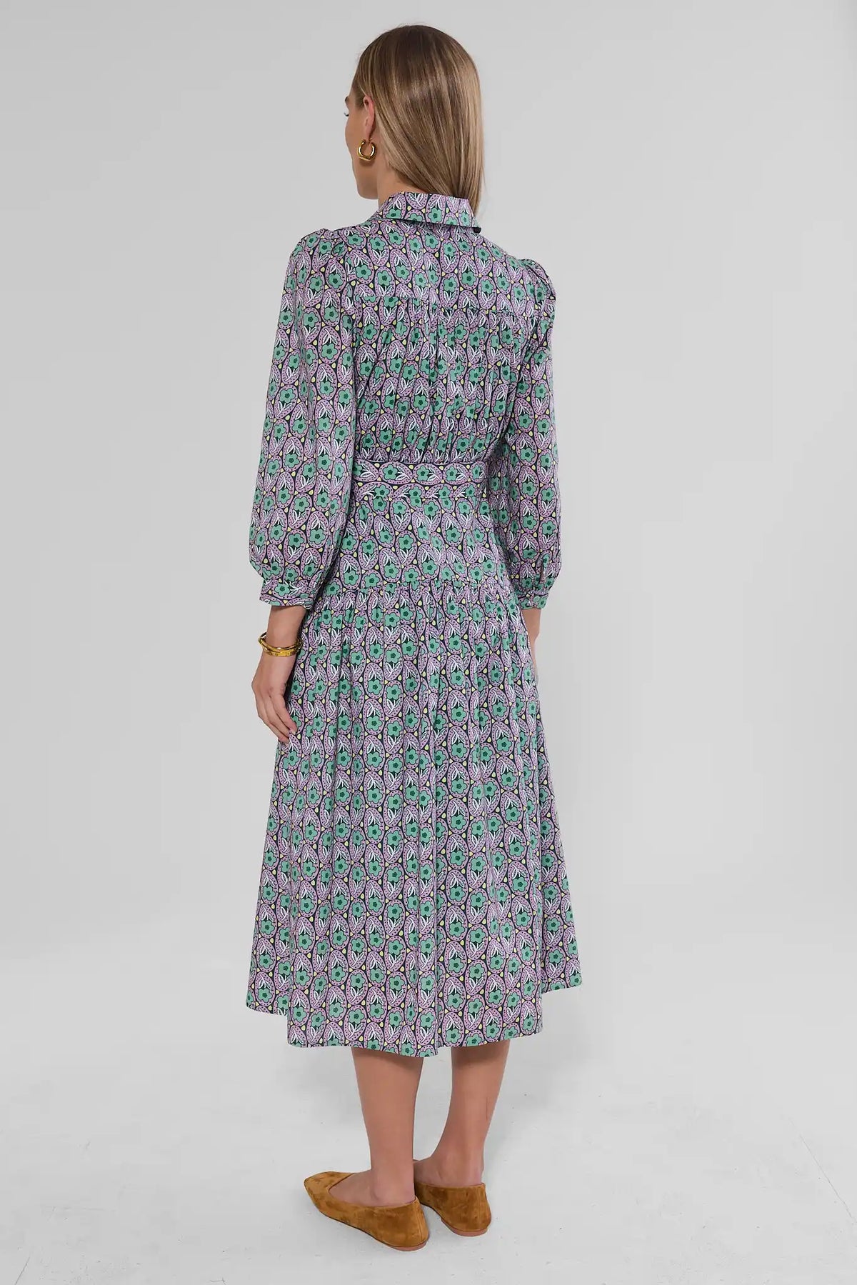 Green Floral Printed Collared Midi Dress - Back View, Flowing Midi Skirt | Avara