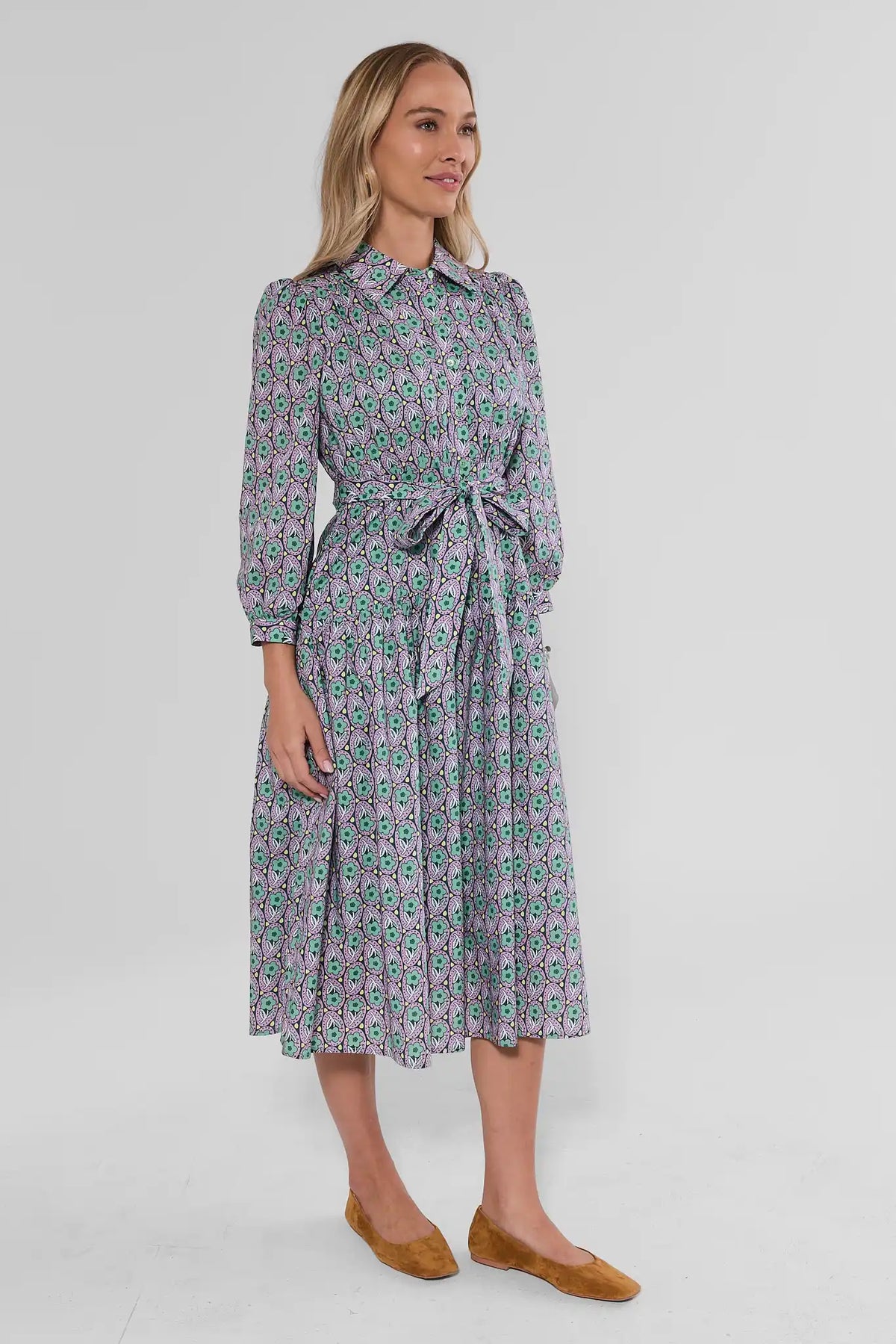 Green Floral Printed Collared Midi Dress - Three-Quarter Side View On Model | Avara
