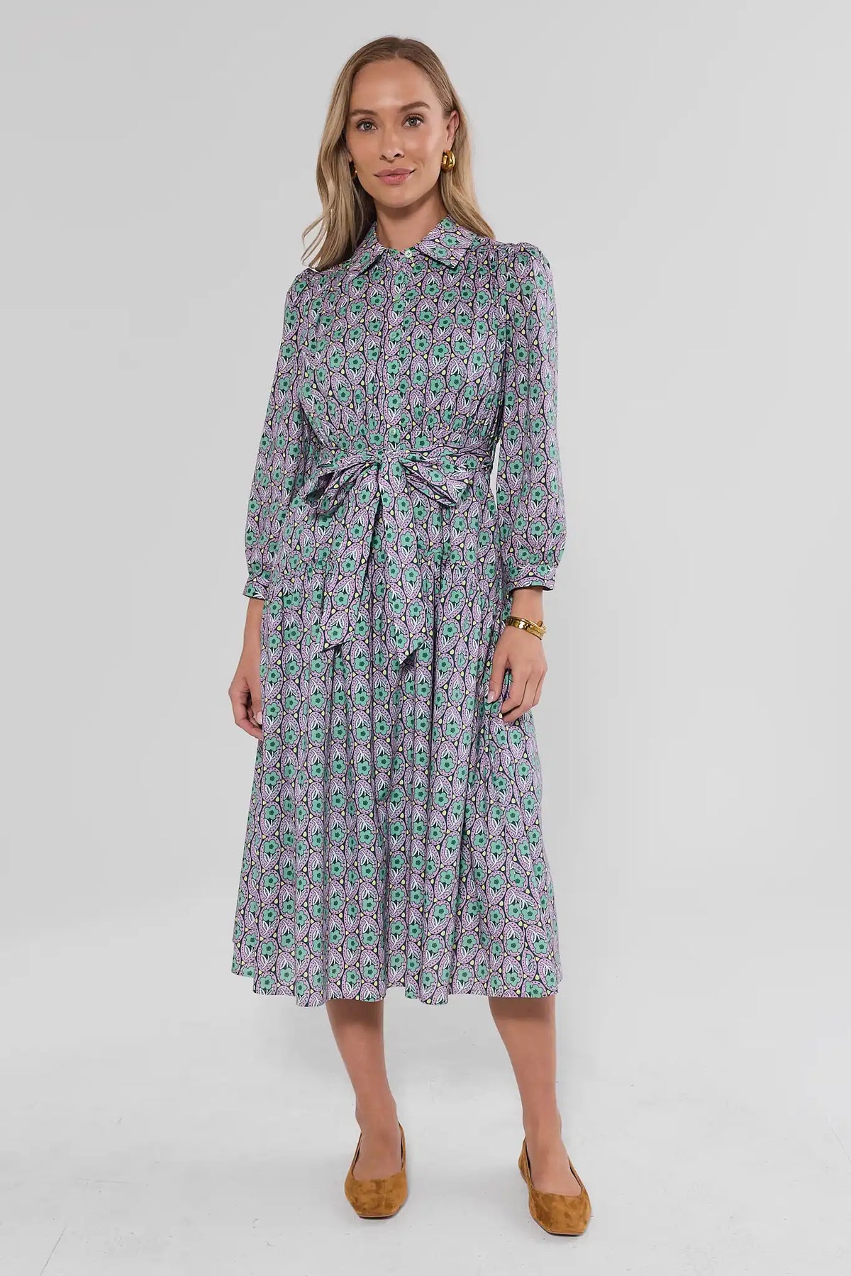 Green Floral Printed Collared Midi Dress - Full Front View On Model | Avara