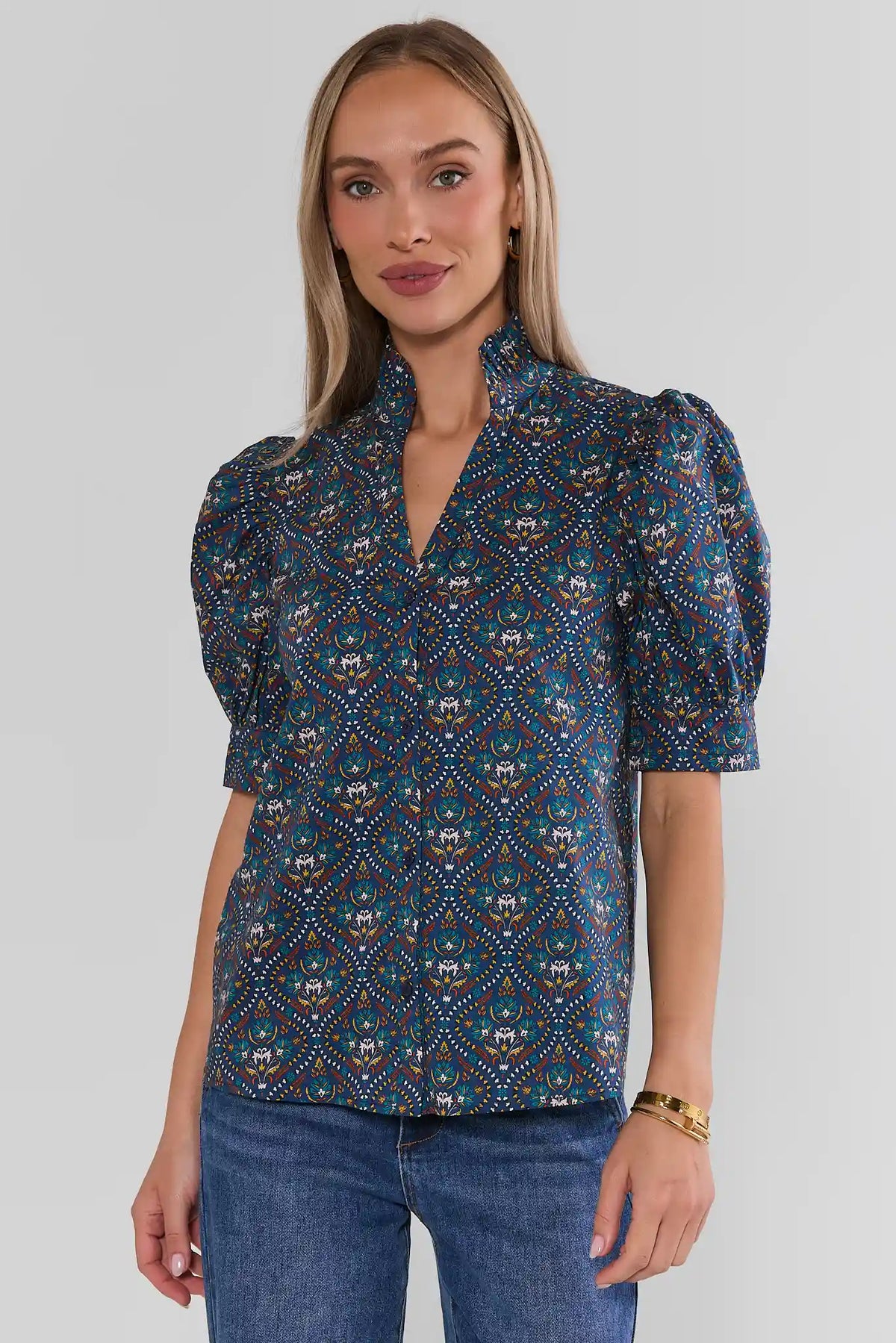 Navy Floral Print Split Neck Top - Full Front View Styled with Blue Denim | Avara