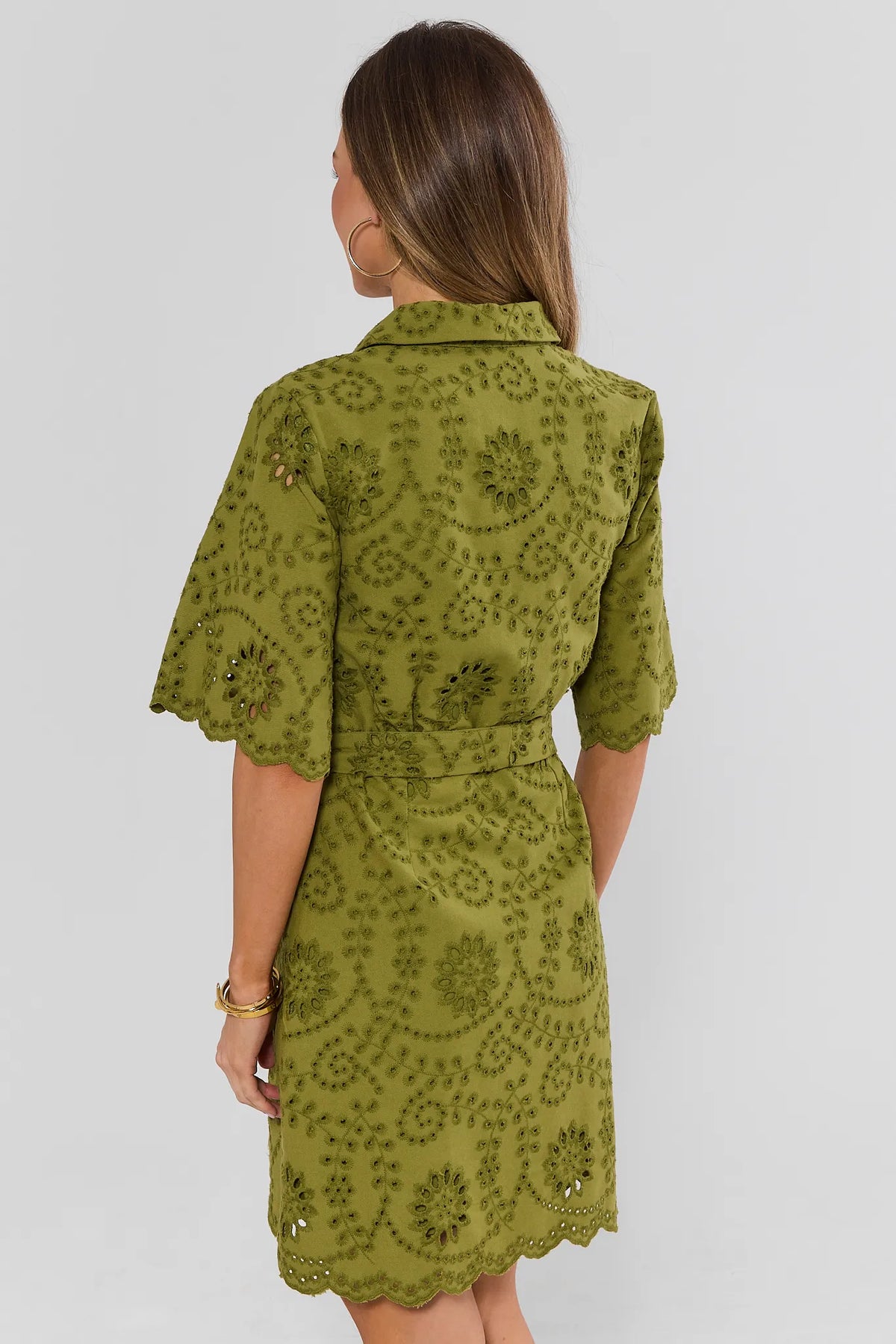Green Eyelet Short Dress - Back View Showing Scallop Hem and Collar | Avara