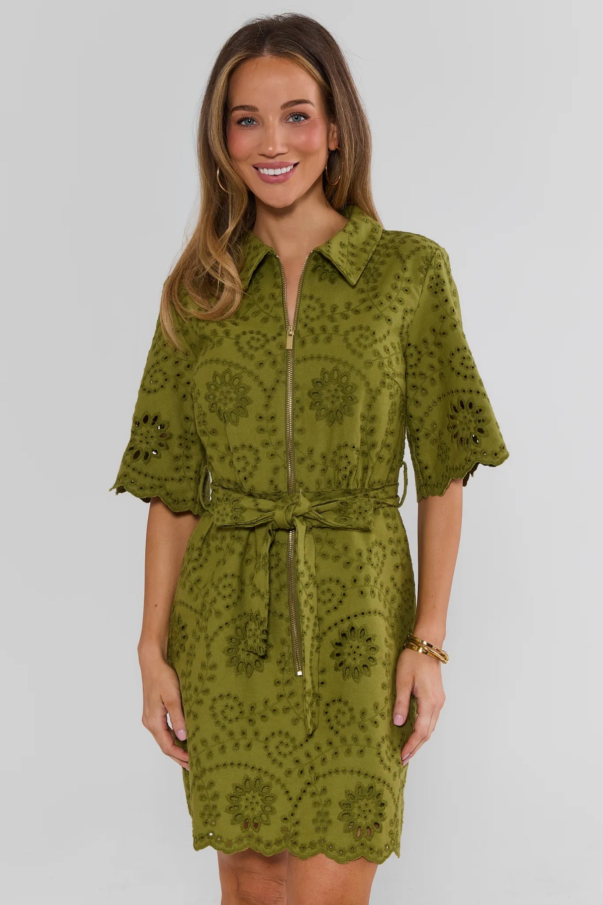 Green Eyelet Zip-Up Short Dress - Front View On Model with Tie Waist | Avara
