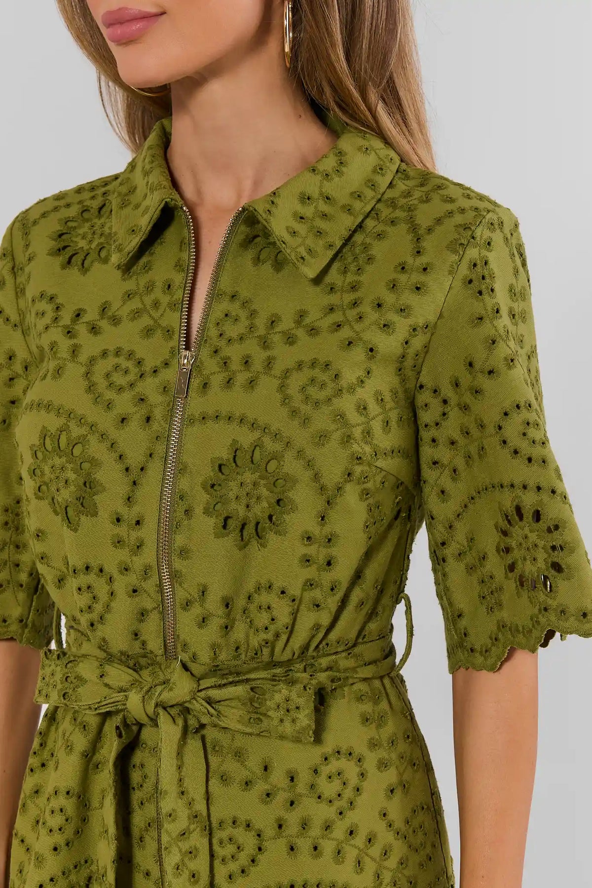 Green Eyelet Dress - Gold Zip & Tied Belt Detail Close-Up | Avara