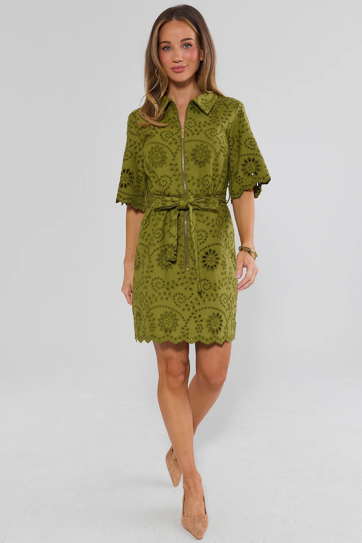 Green Eyelet Zip-Up Short Dress - Full Length Front View Styled with Nude Heels | Avara