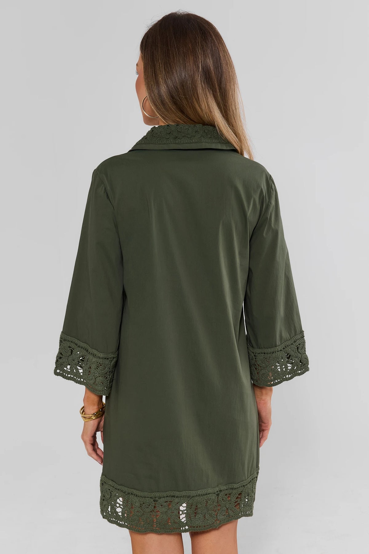 Olive Green Crochet Trim Tunic Dress - Back View Showing Collar and Hem Detail | Avara