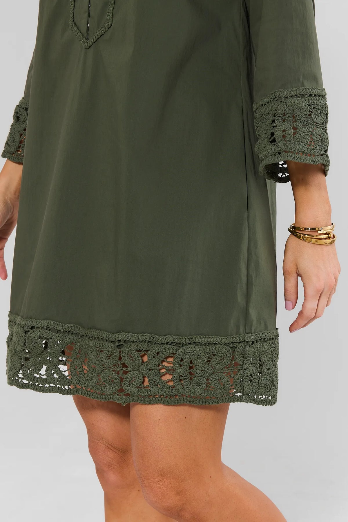 Olive Green Tunic Dress - Crochet Hem and Sleeve Trim Detail | Avara
