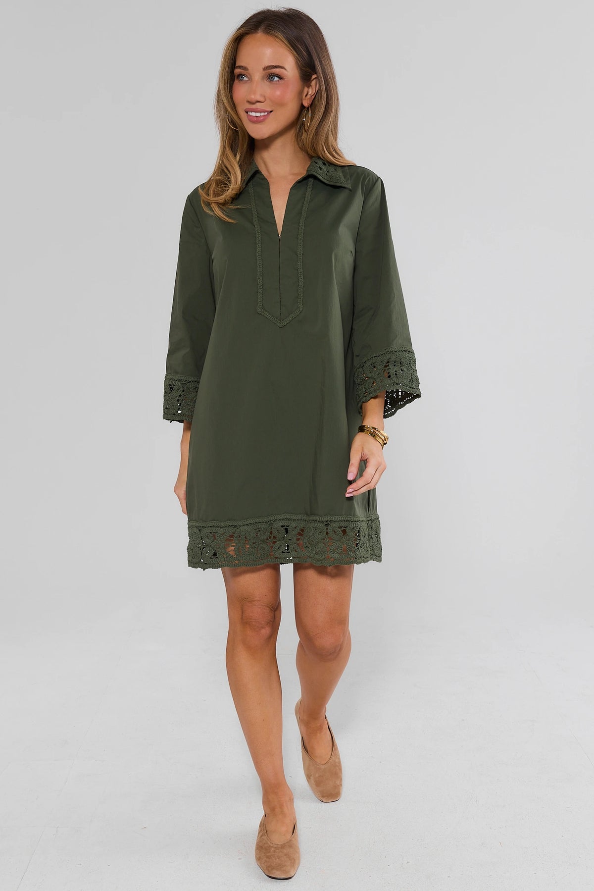 Olive Green Crochet Trim Tunic Dress - Full Length Side View with Tan Heels | Avara