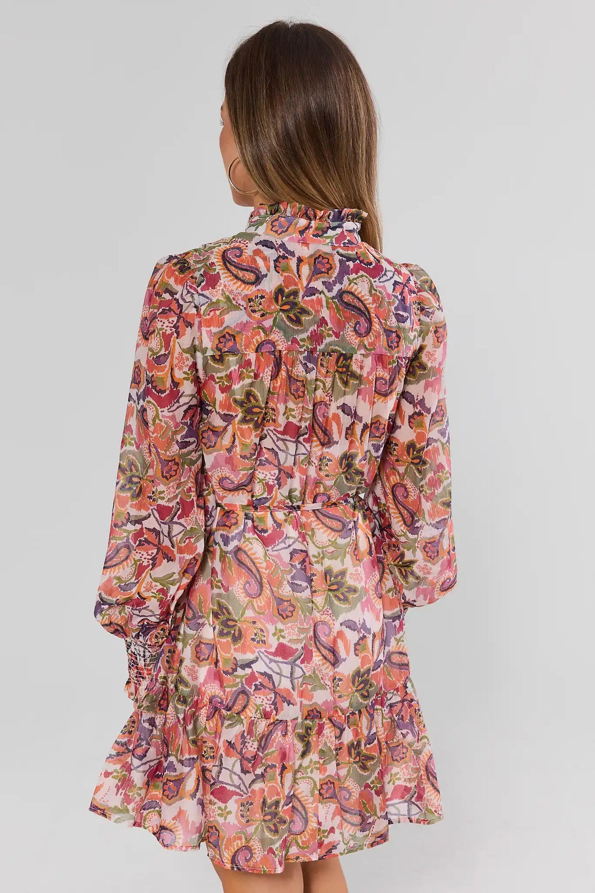 Multicolor Paisley Print Short Dress - Back View Showing Ruffle Hem and Long Sleeves | Avara