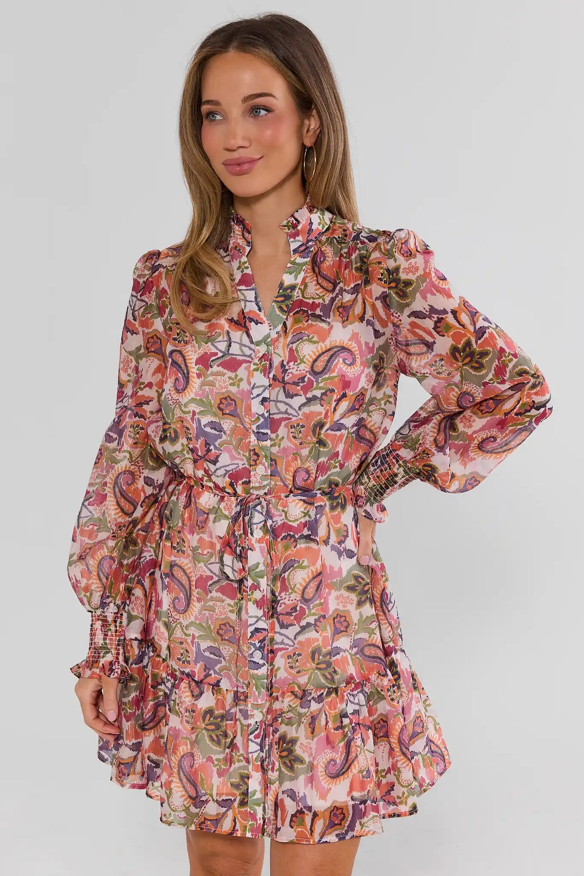 Multicolor Paisley Print Short Dress - Front View On Model with Mules | Avara