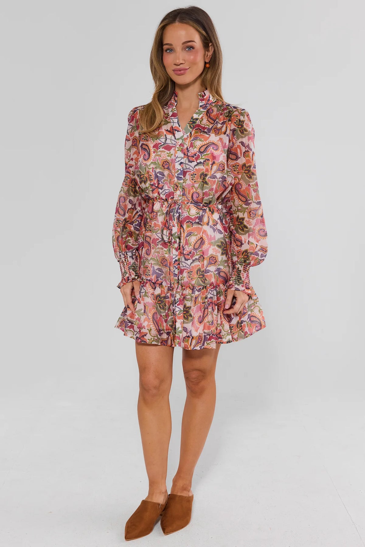 Multicolor Paisley Print Short Dress - Full Length Front View with Smocked Cuffs | Avara