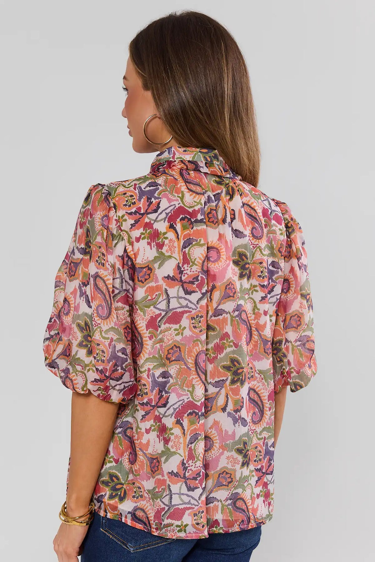 Multi Paisley Print Top - Back View Showing Puff Sleeves and Print Detail | Avara