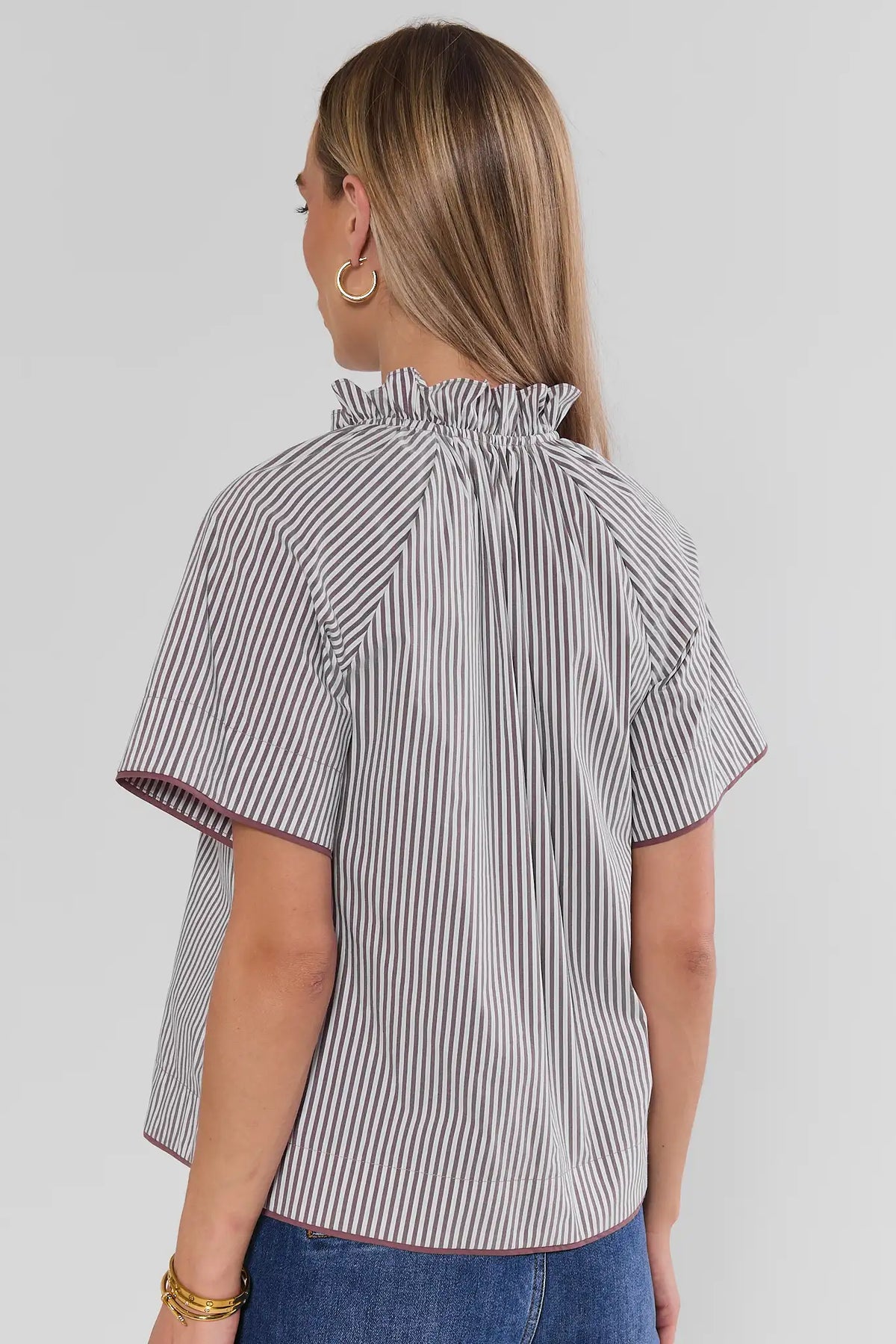 Mocha Striped Split Neck Top - Back View, Gathered Ruffle Collar | Avara