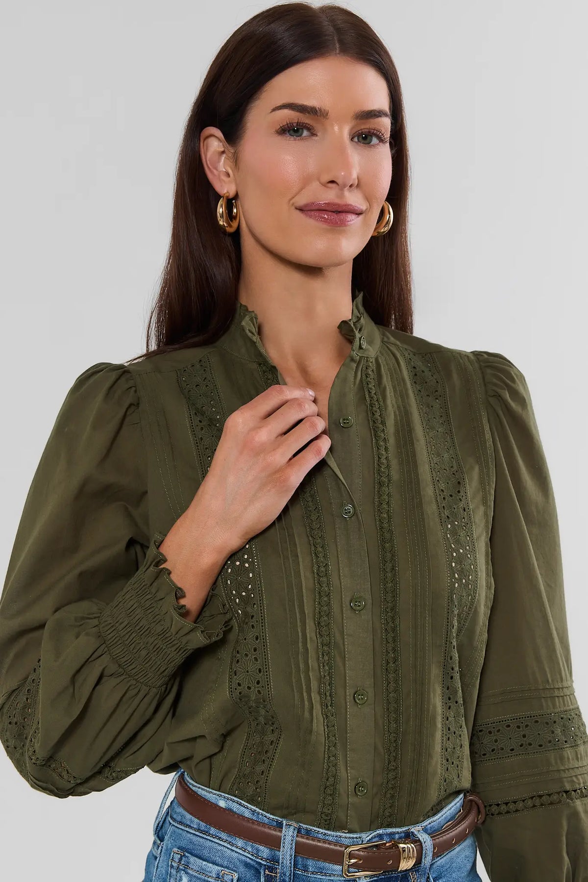 Olive Green Lace Trim Button-Up Top - Front Detail Close-Up, Eyelet Embroidery and Smocked Cuff | Avara