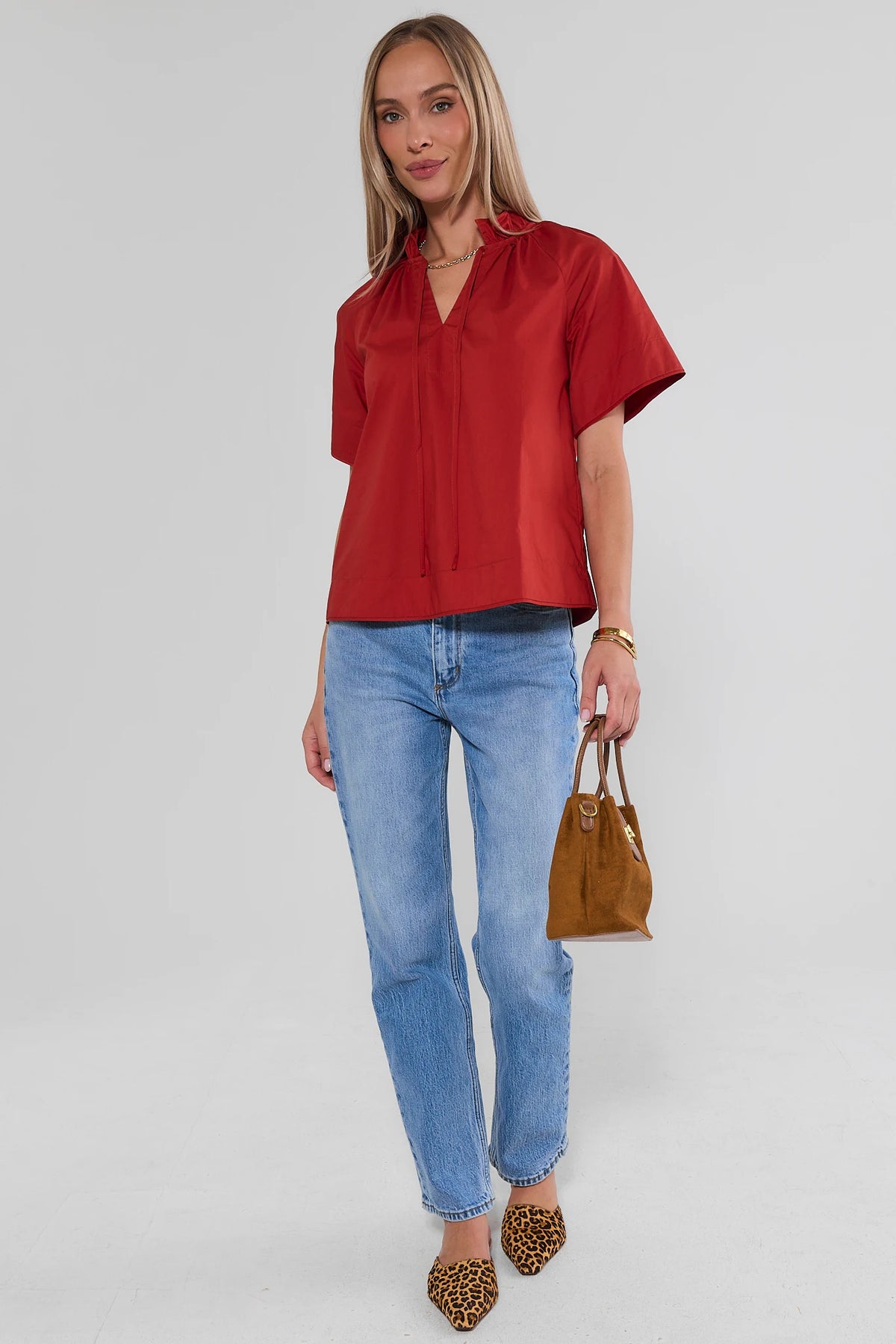 Rust Split Neck Top - Full Length Styled Look with Denim and Suede Bag | Avara