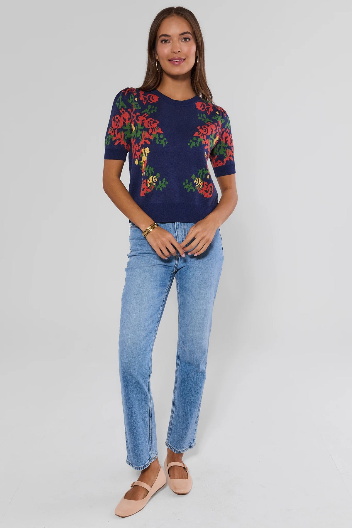 Navy Floral Knit Top - Full Length Front, Styled with Blue Jeans On Model | Avara