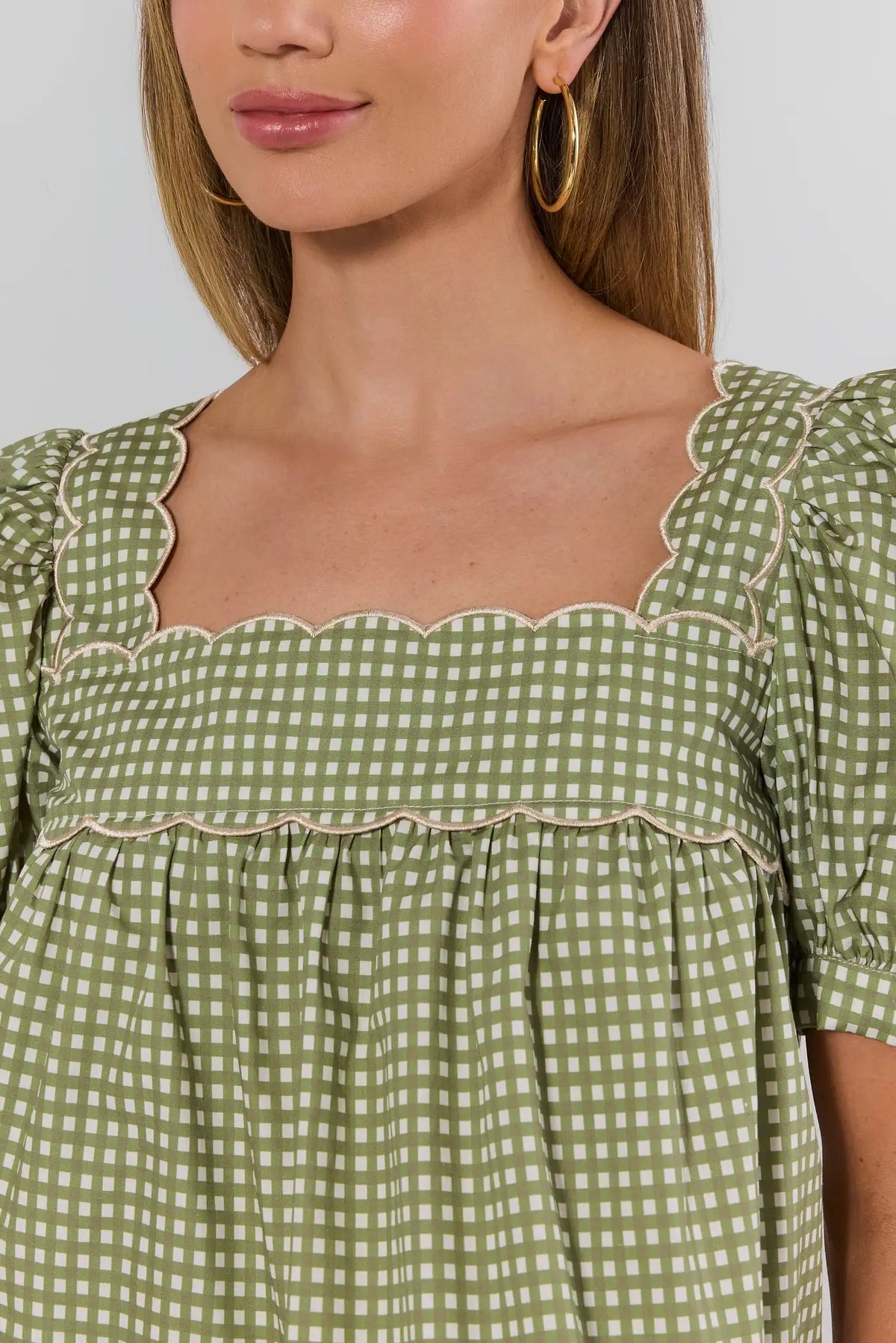 Green Gingham Square Neck Top - Scallop Neckline Detail Close-Up | Avara