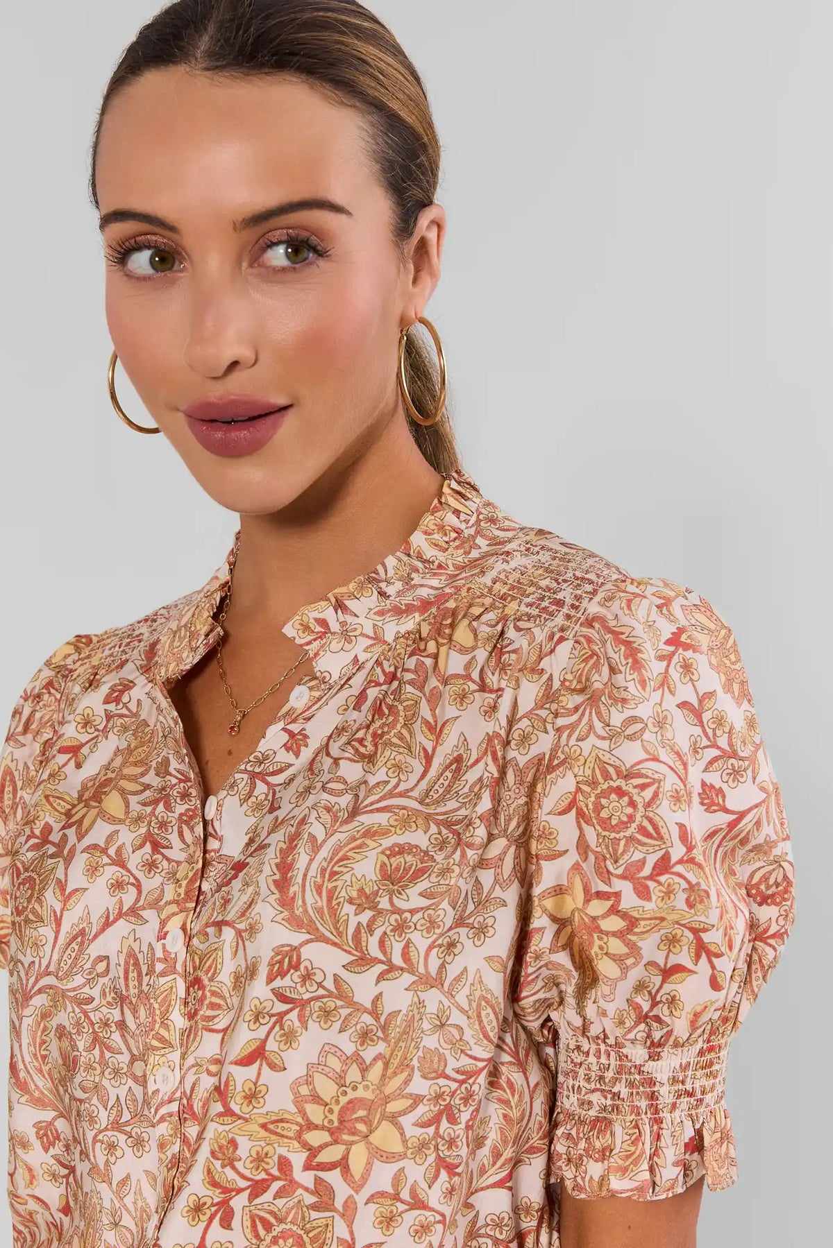 Cream Floral Print Button-Up Top ruffle neckline smocked cuff detail - Close-Up | Avara