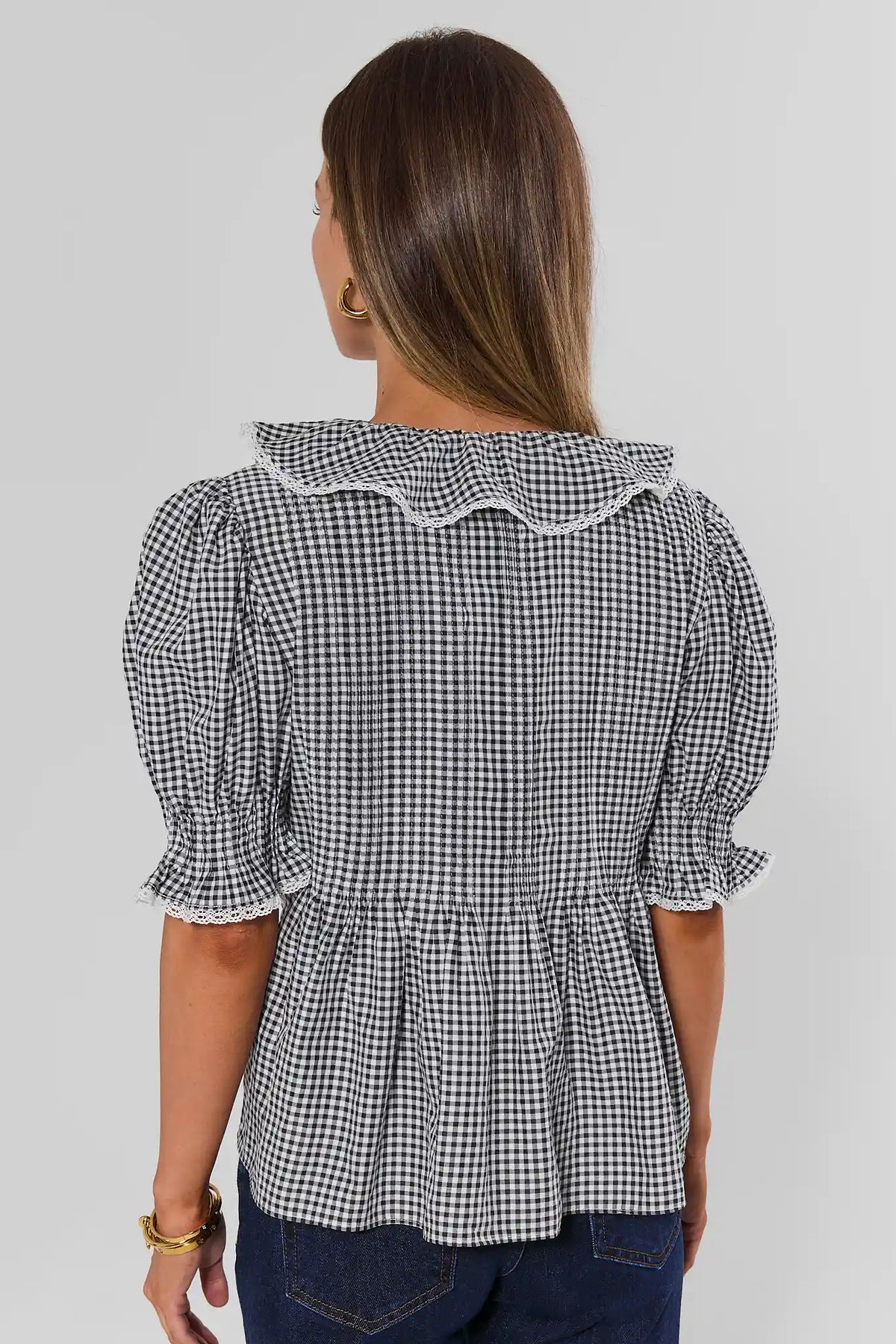 Black Gingham Ruffle Top with ruffled collar and puff sleeves - Back View | Avara
