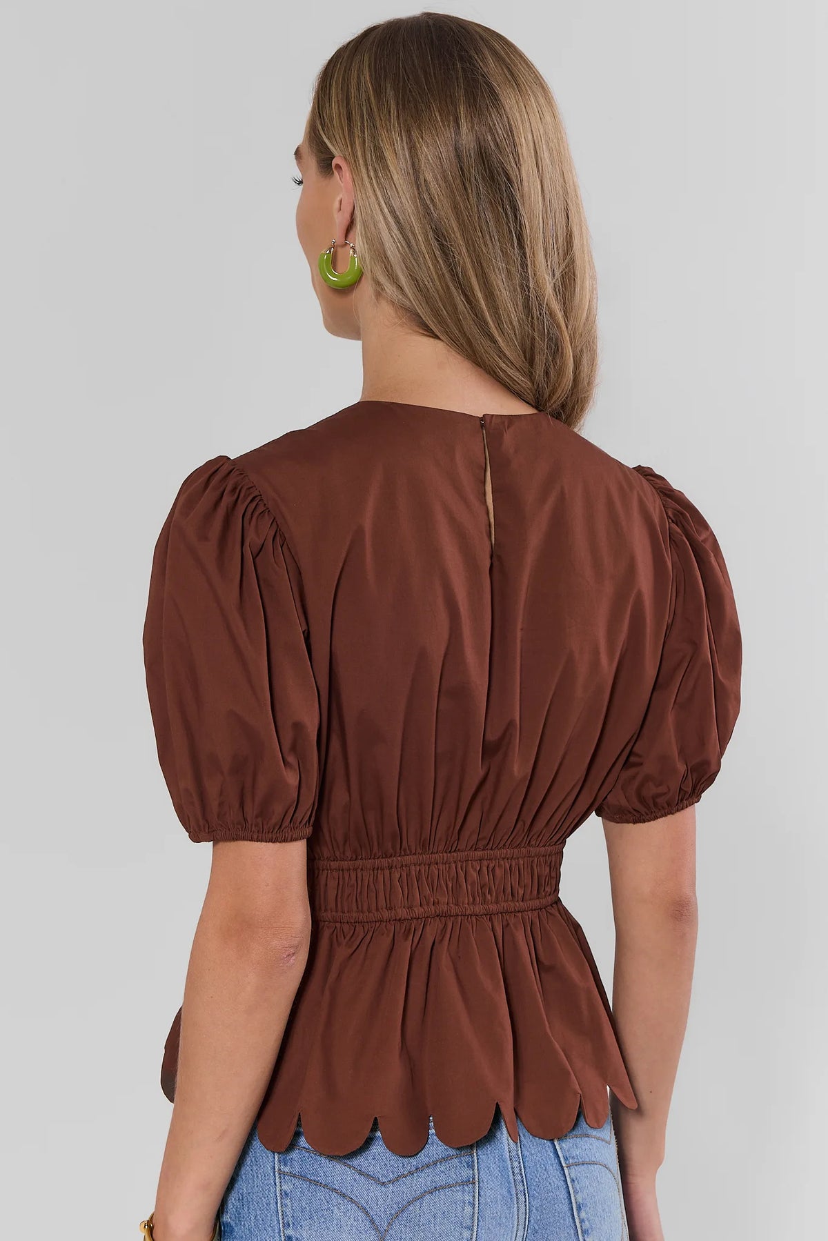 Brown Scalloped Peplum Top with Puff Sleeves - Back View On Model | Avara