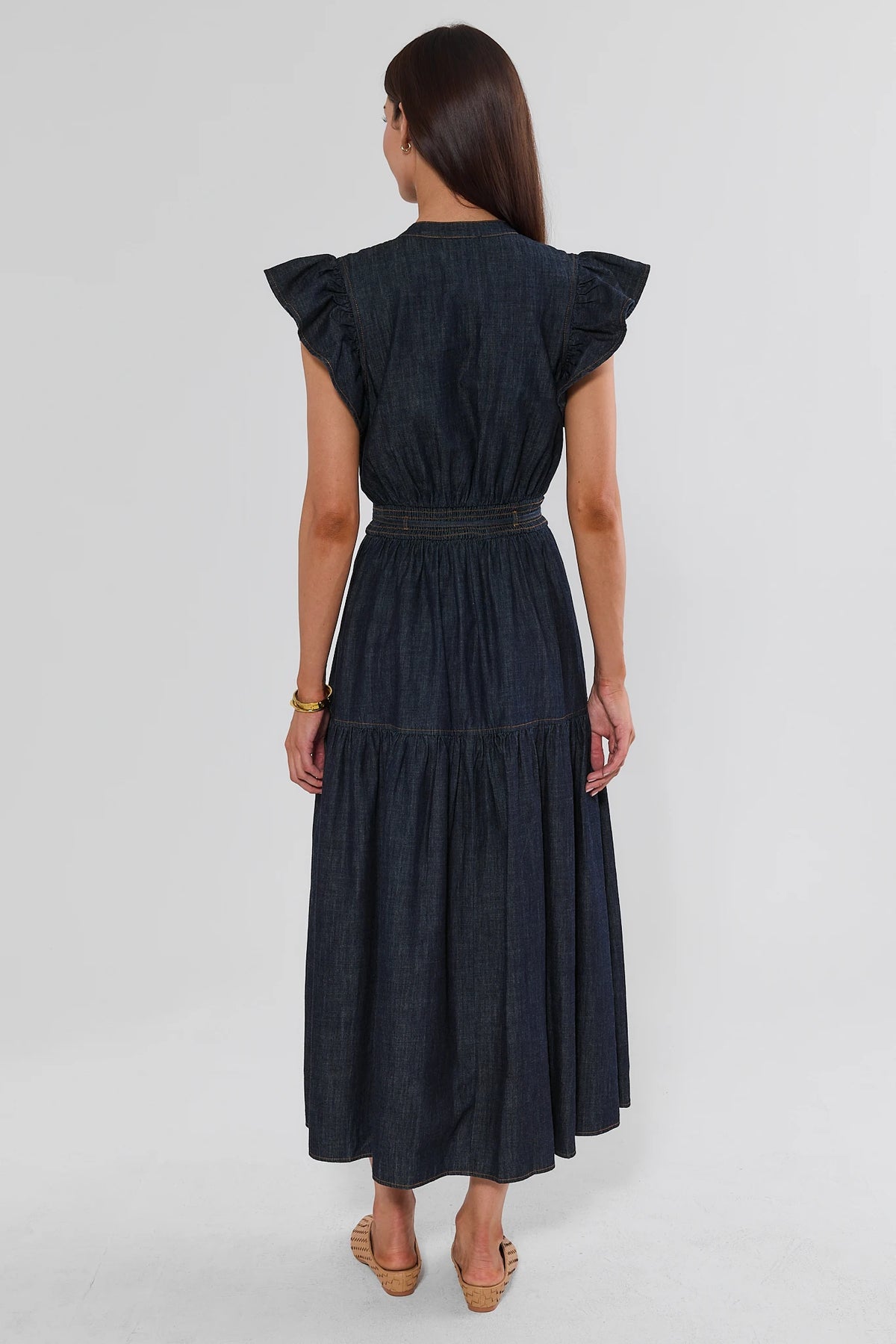 Dark Wash Denim Tiered Midi Dress - Back View Showing Smocked Waist | Avara
