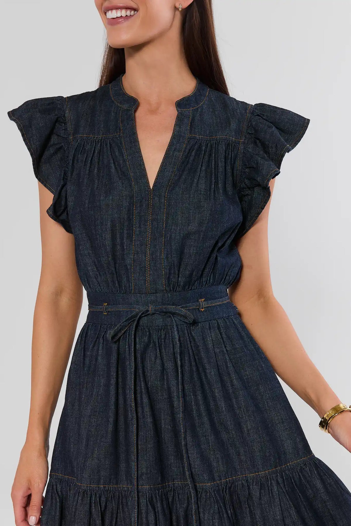 Dark Wash Denim Midi Dress - Ruffle Sleeve & Split Neckline Close-Up Detail | Avara
