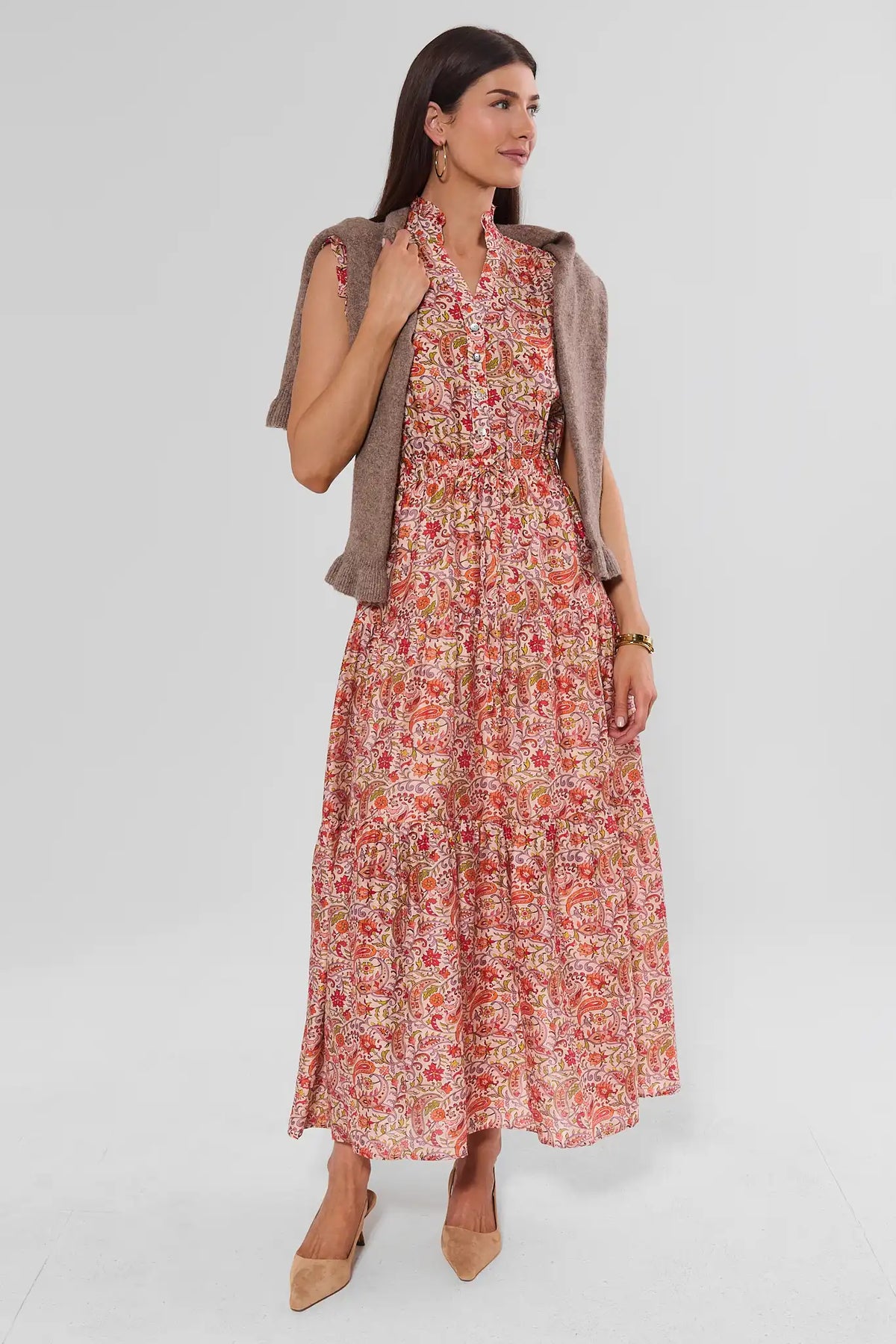 Red Paisley Print Maxi Dress Styled with Knit Vest - Full Length Front | Avara
