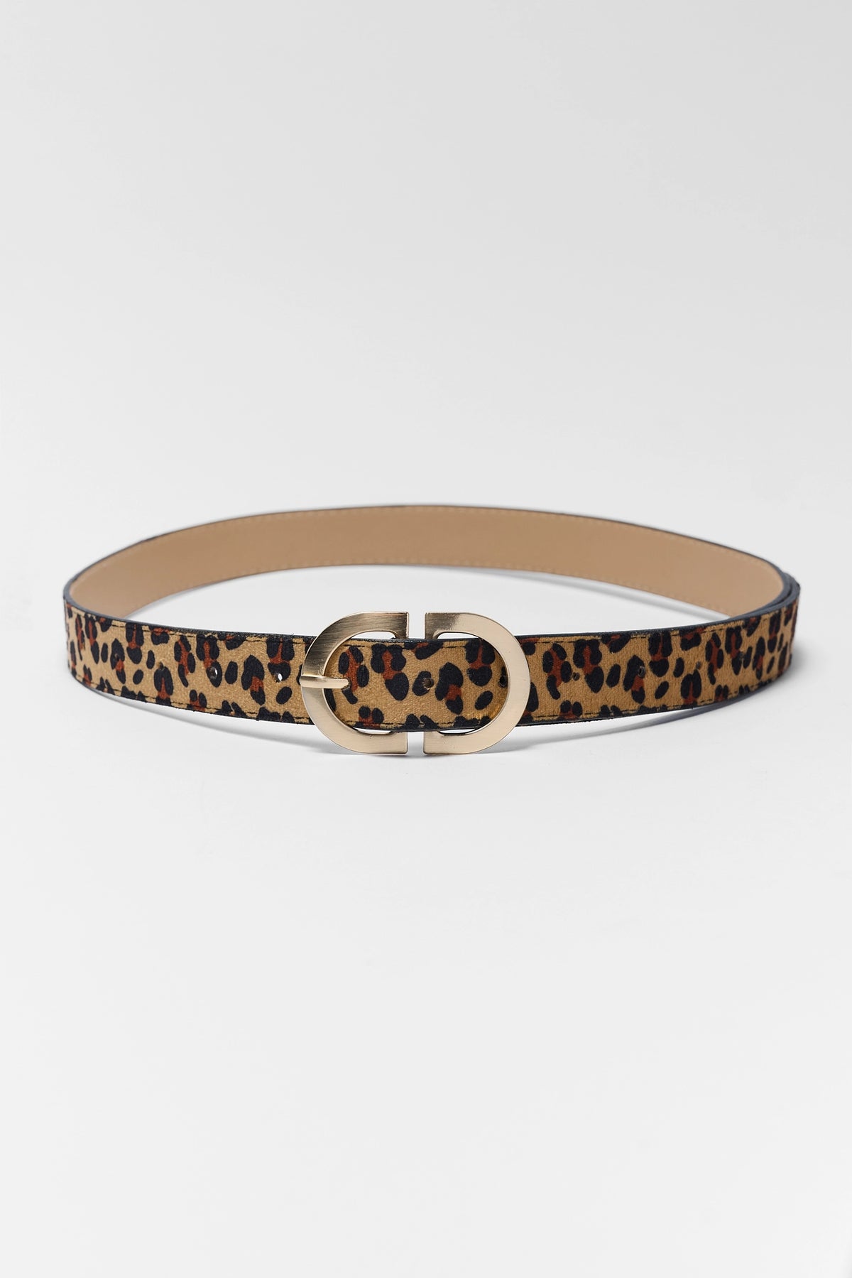 Brown Leopard Print Faux Suede Belt with Gold-Tone Buckle - Front Flat Lay | Avara