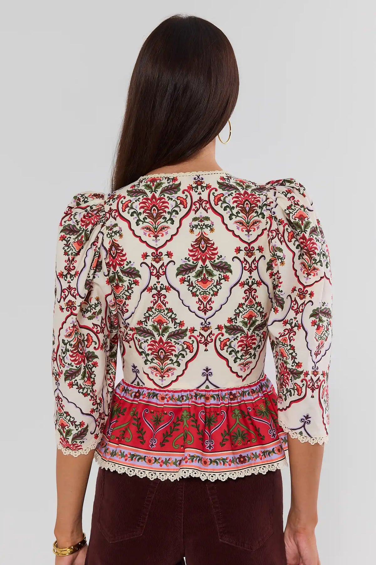 Ivory Floral Printed Peplum Top - Back View On Model | Avara