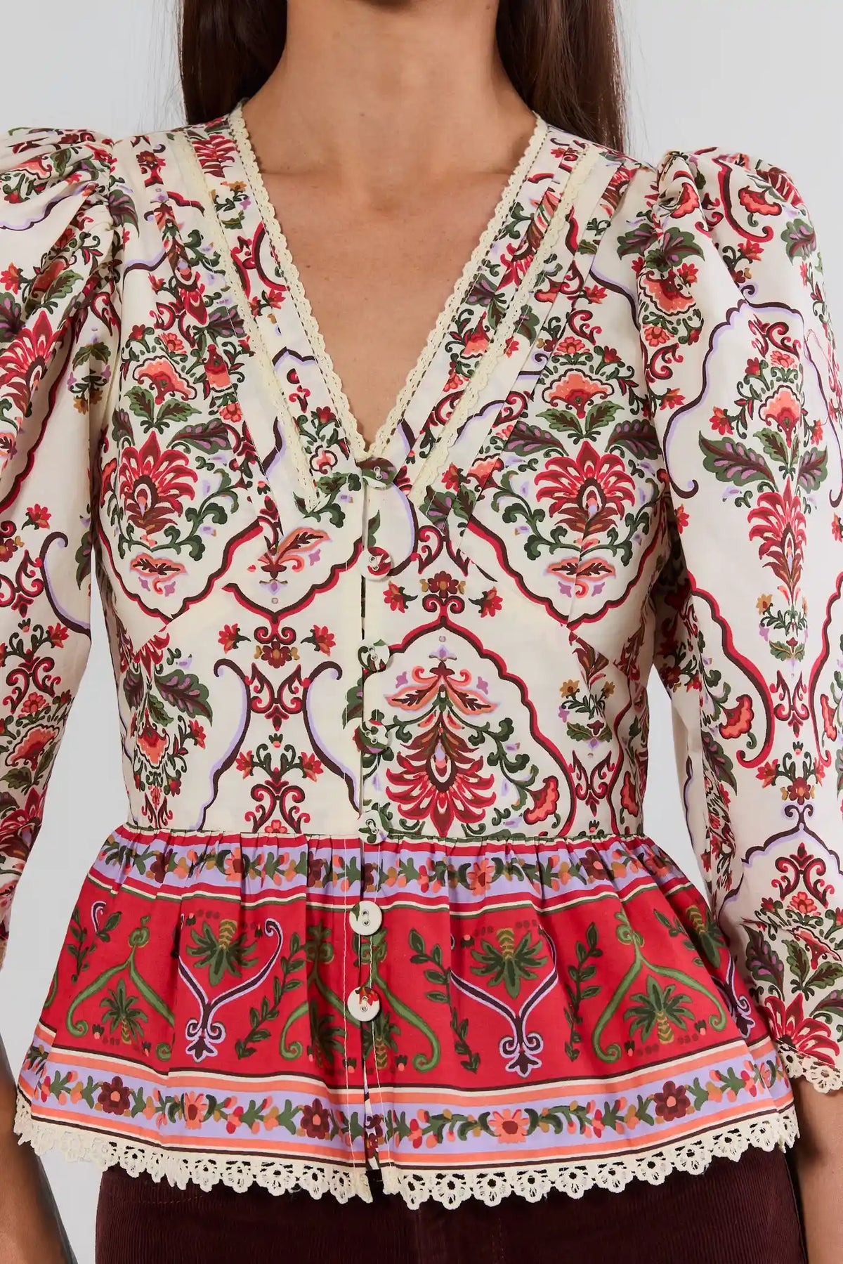 Ivory Floral Peplum Top - V-Neck Lace Trim Close-Up Detail | Avara