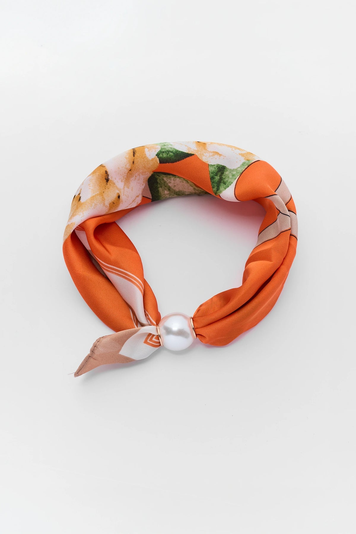 Orange Floral Print Magnetic Pearl Scarf - Flat Lay | Avara