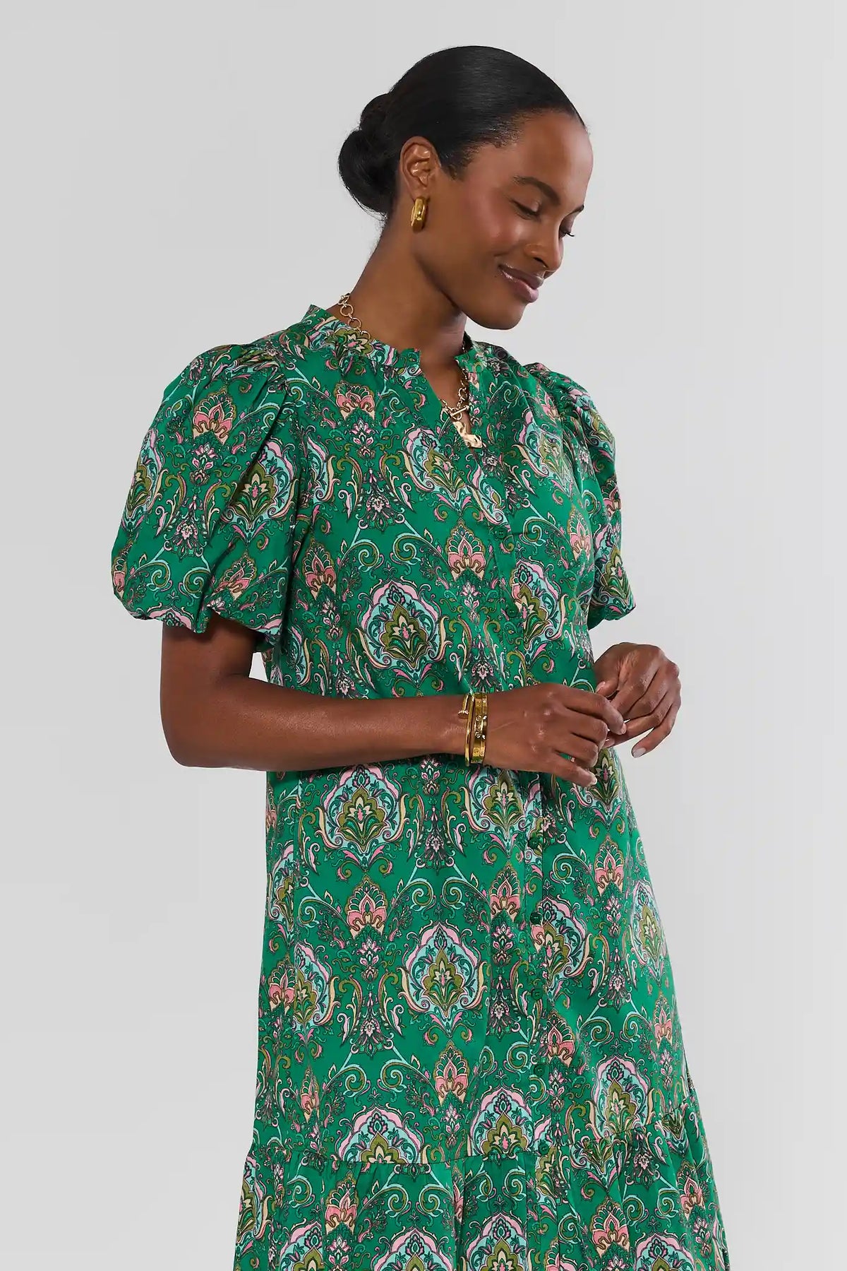 Green Multi Printed Midi Dress - Front Three-Quarter View, Paisley Print Midi | Avara