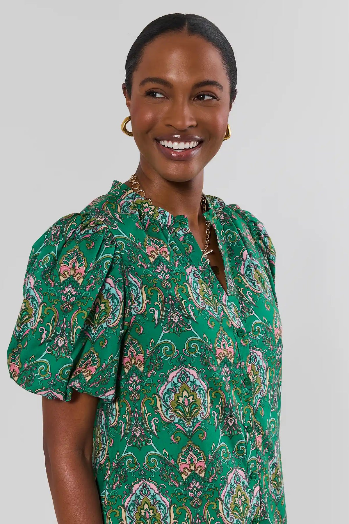Green Multi Printed Midi Dress - Close-Up Neckline & Puff Sleeve Detail | Avara