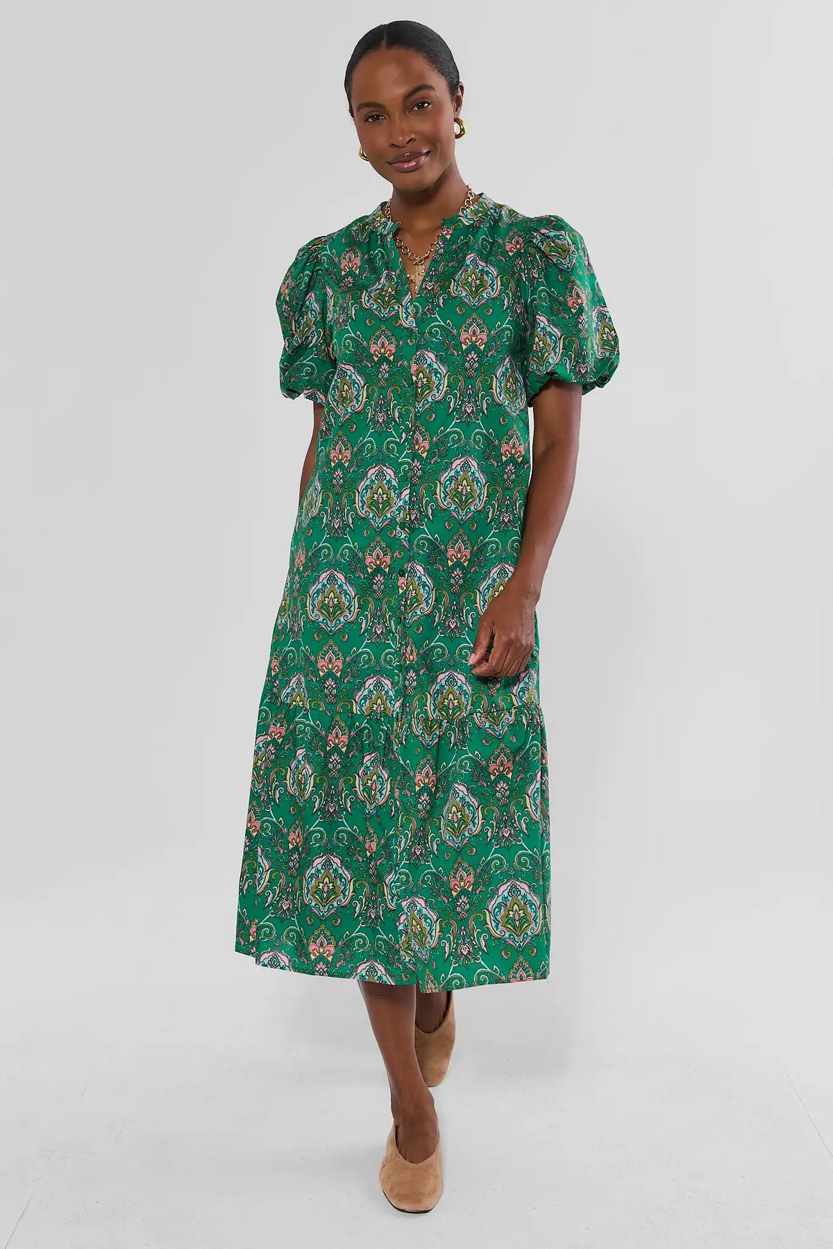 Green Multi Printed Midi Dress - Full Front View, Puff Sleeve Paisley Print | Avara