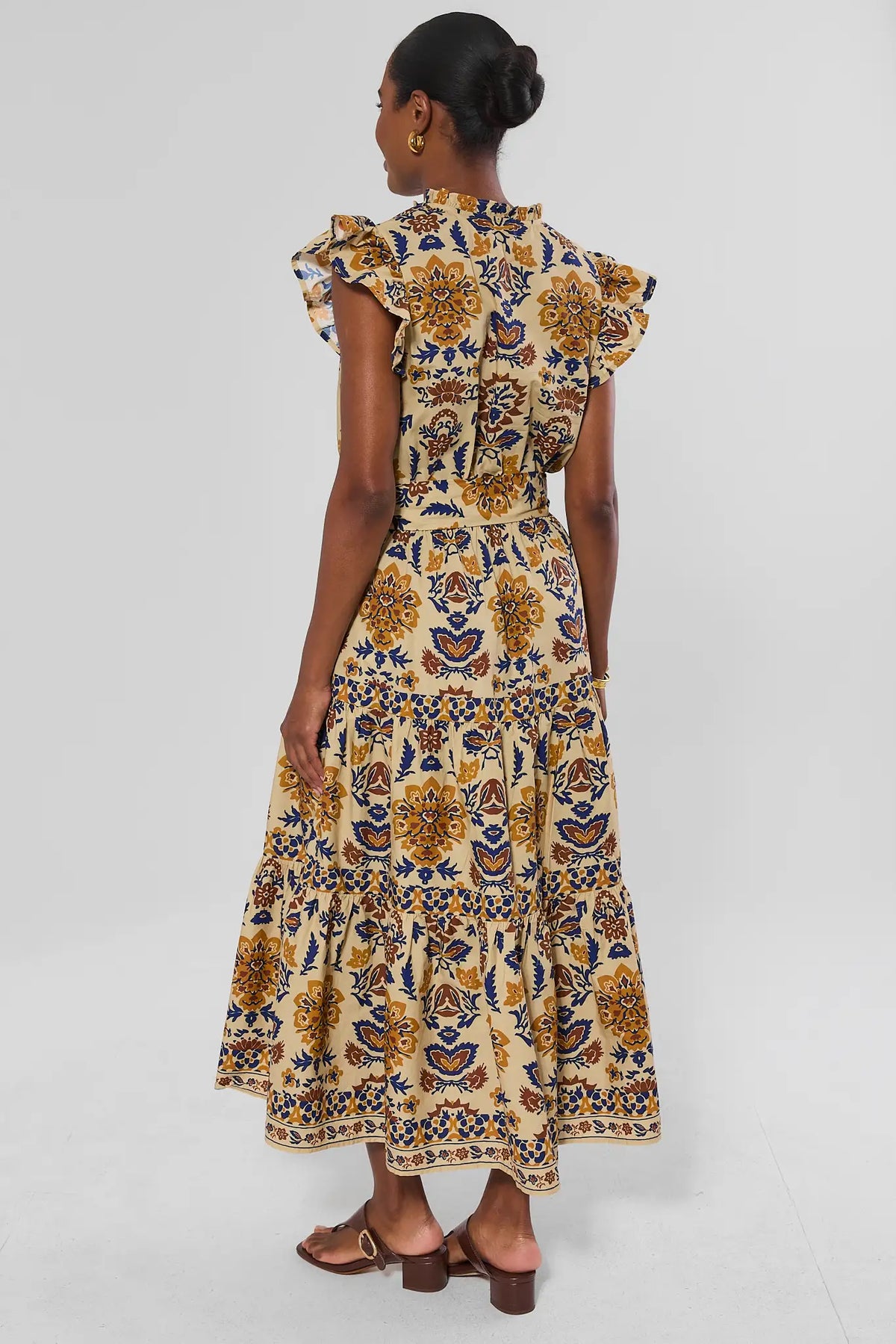 Tan Floral Flutter Sleeve Maxi Dress - Back View On Model | Avara
