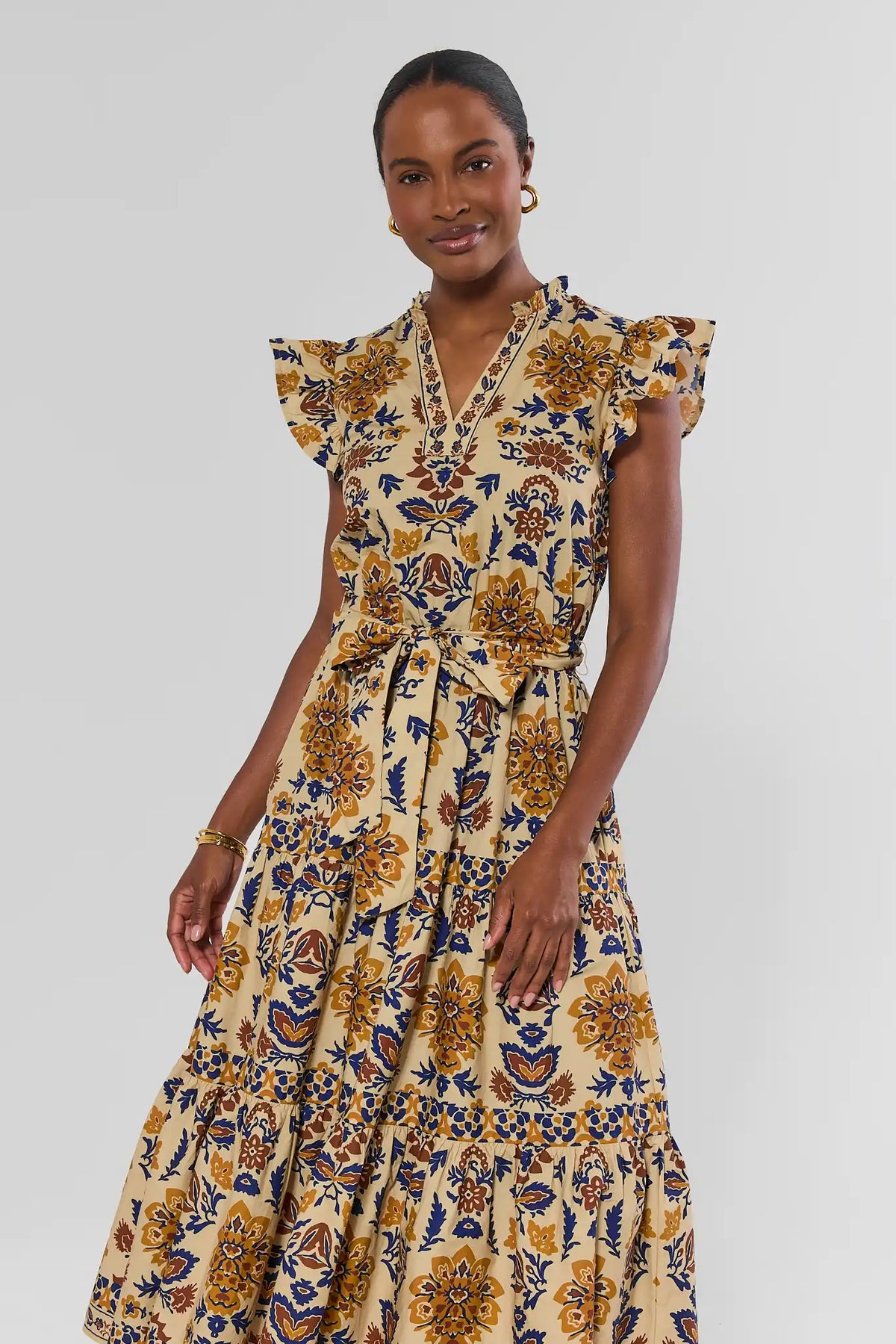 Tan Floral Print Flutter Sleeve Midi Dress - Front Crop View | Avara