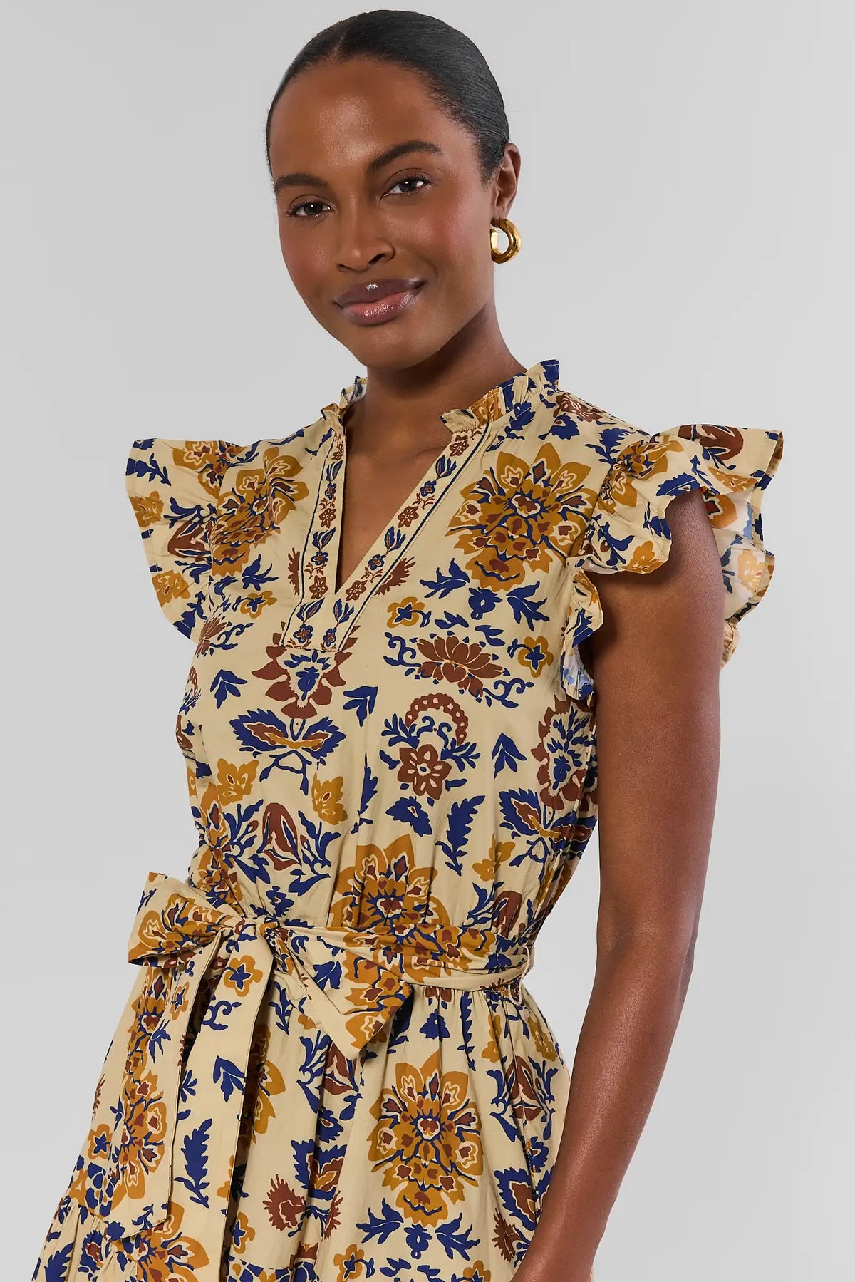 Tan Floral Flutter Sleeve Midi Dress - Flutter Sleeve Detail Close-Up | Avara