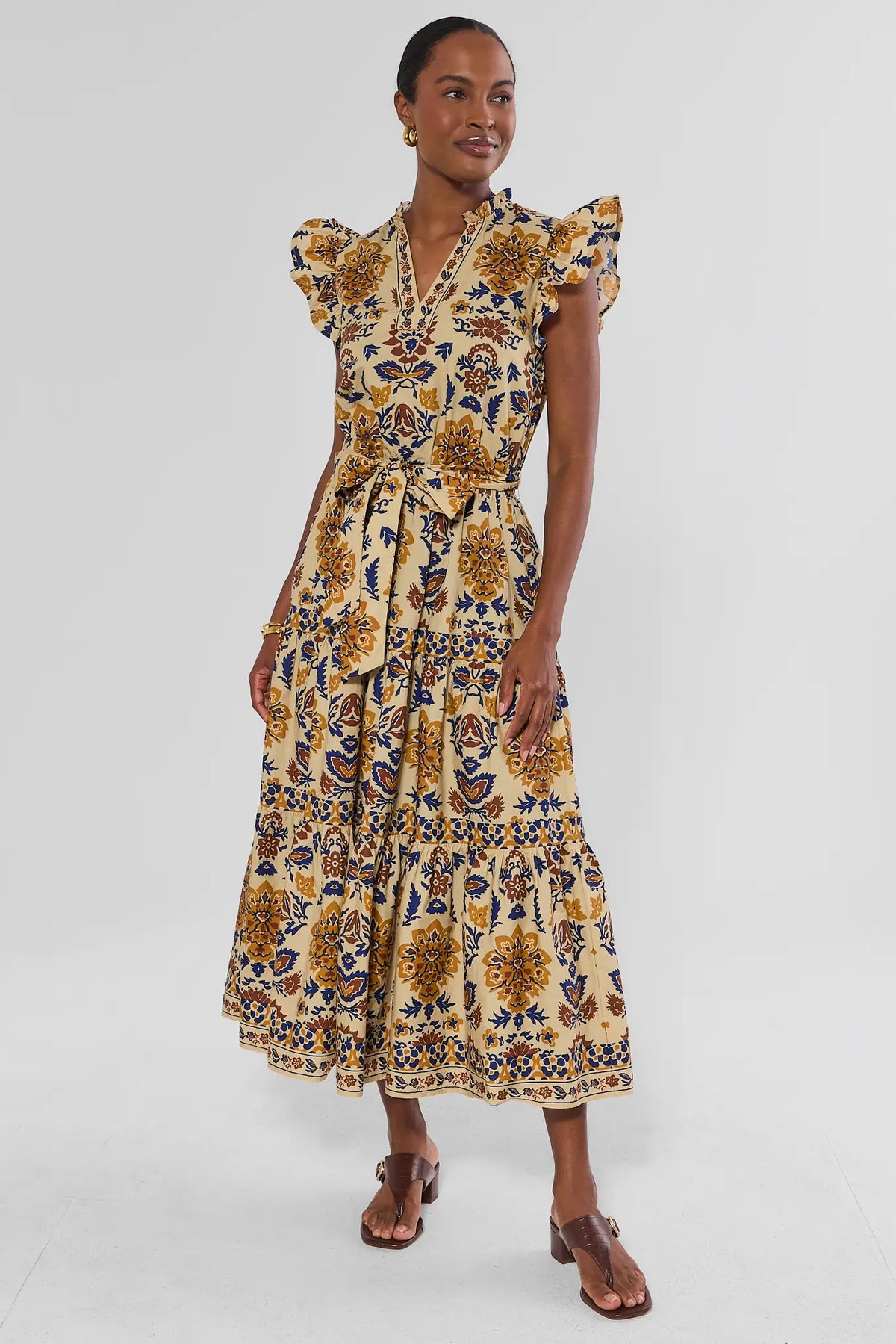 Tan Floral Print Flutter Sleeve Maxi Dress - Full Front On Model | Avara