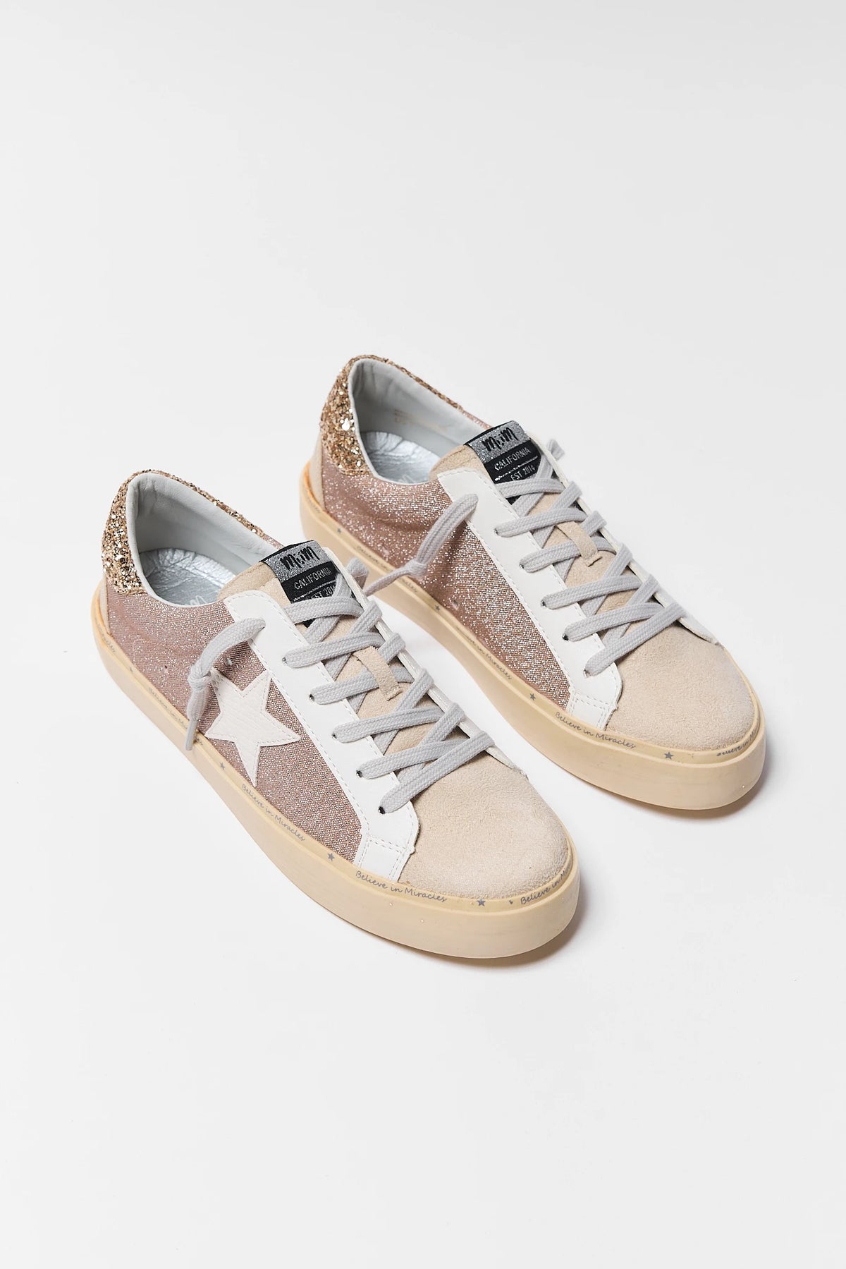 Champagne Glitter Star Sneakers - Pair Front Angle View, Faux Suede Toe | Avara