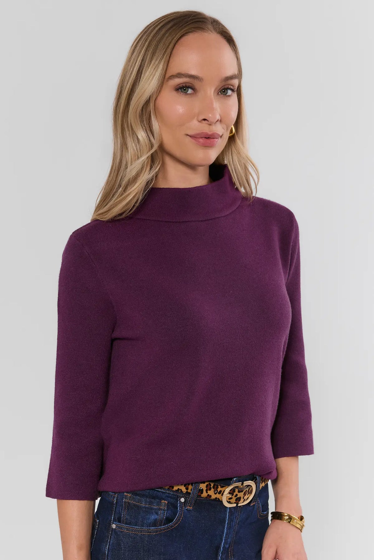 Jackie Plum Knit Sweater 3/4 Bell Sleeve Relaxed Fit - Side Angle View on Model | Avara