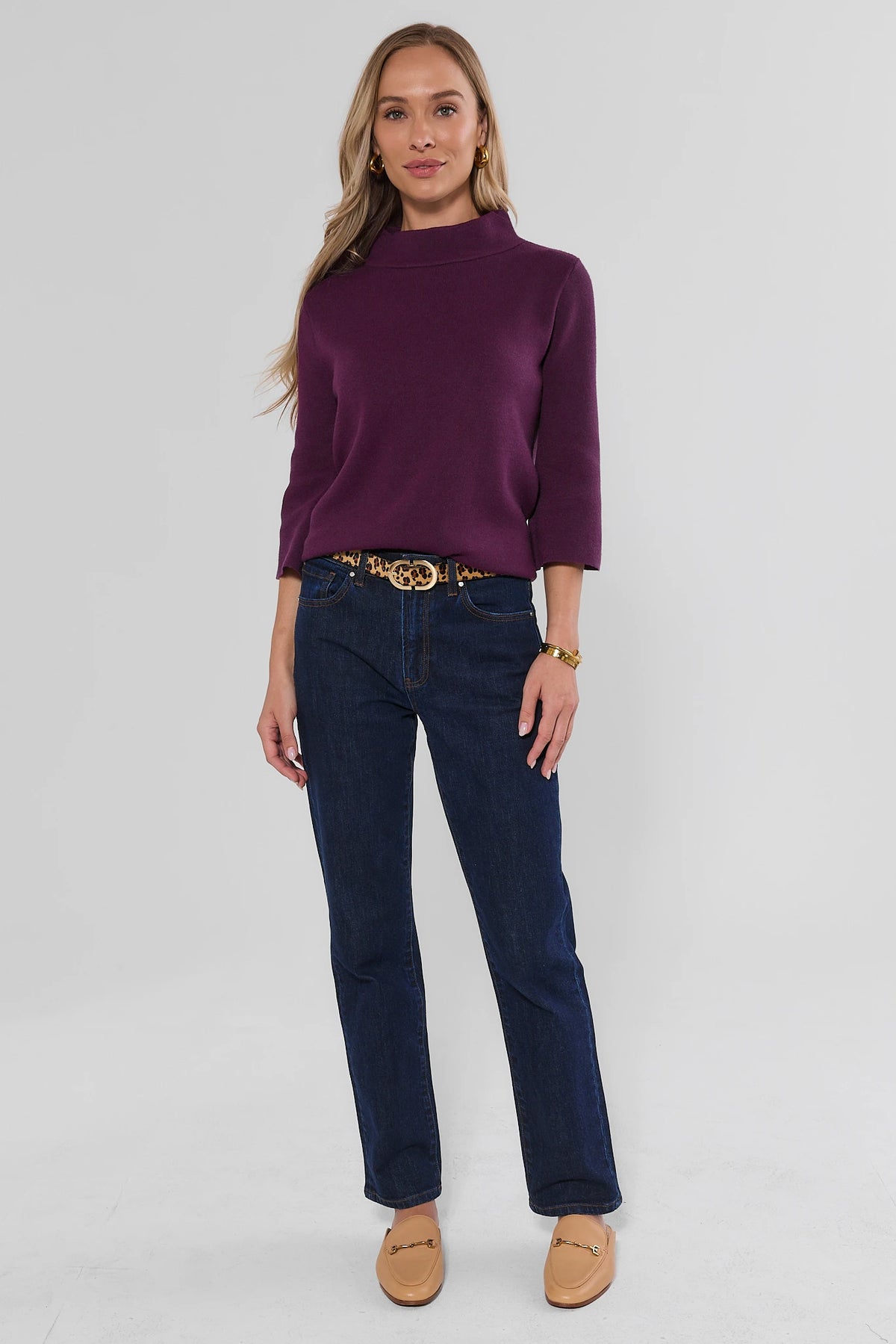 Jackie Plum Knit Mock Neck Sweater Relaxed Fit - Three Quarter Angle View on Model | Avara