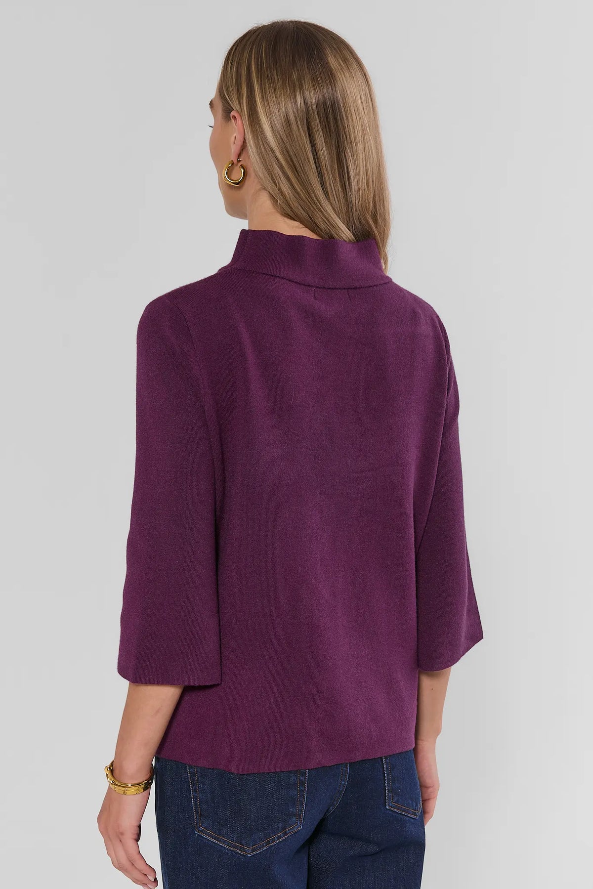 Jackie Plum Knit Sweater Mock Neck Relaxed Fit - Back View on Model with Jeans | Avara