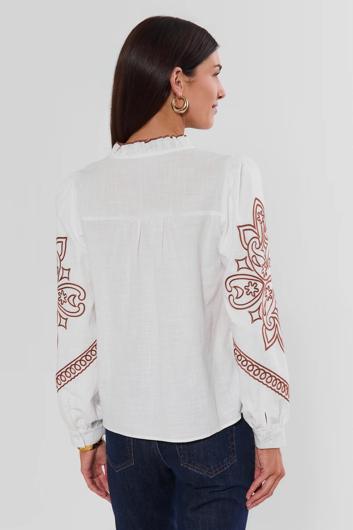 Ivory Cotton Embroidered Women's Top - Back View Showing Sleeve & Shoulder Embroidery, Ruffle Collar | Avara