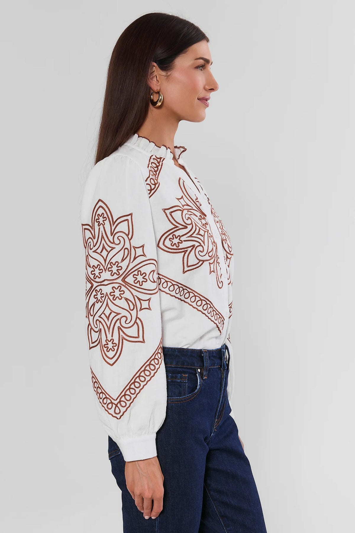 Ivory Brown Embroidered Modest Top for Women - Side Profile On Model Styled with Dark Wash Denim | Avara