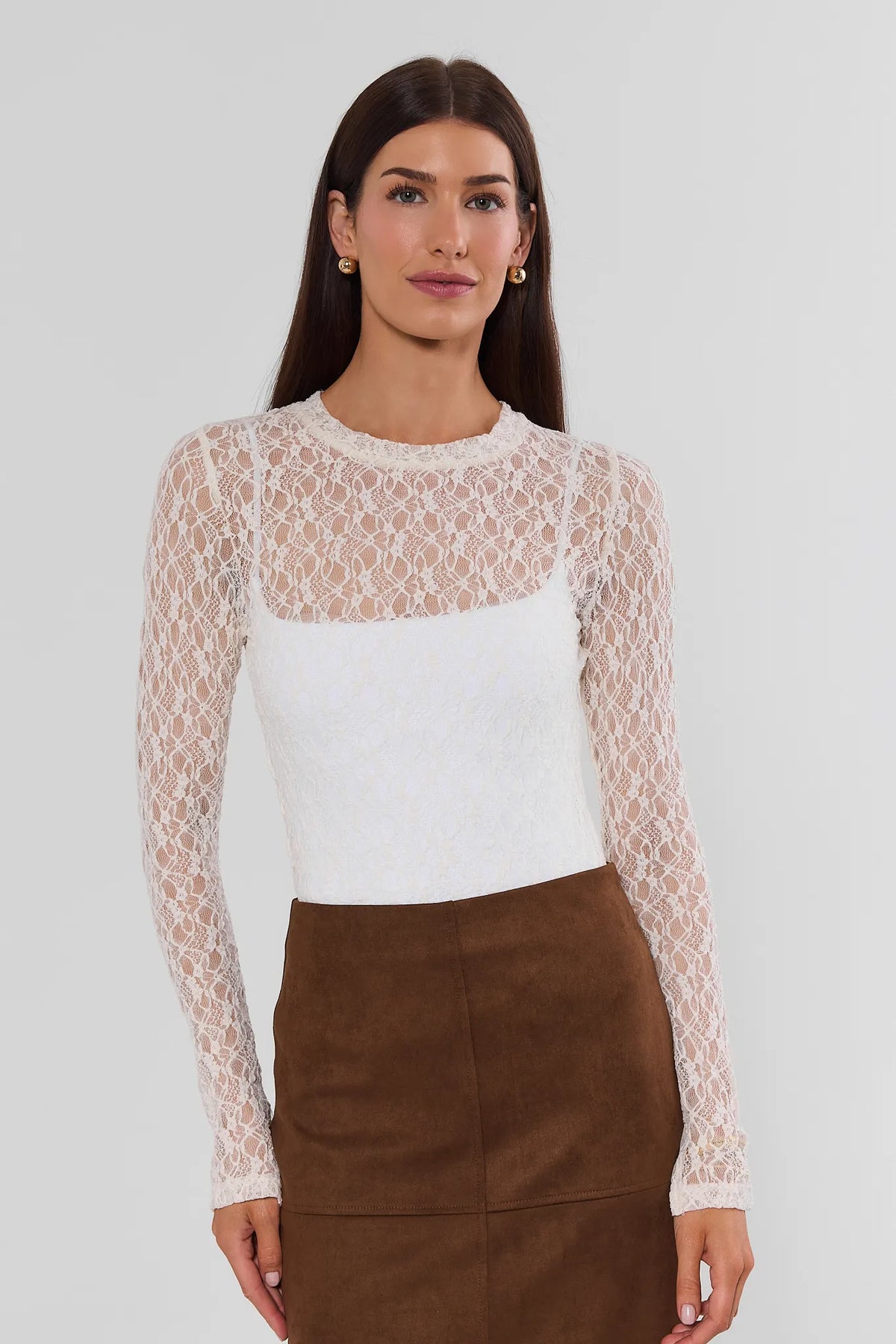 Cream Lace Long Sleeve Top - Front View, Styled with Brown Suede Skirt | Avara