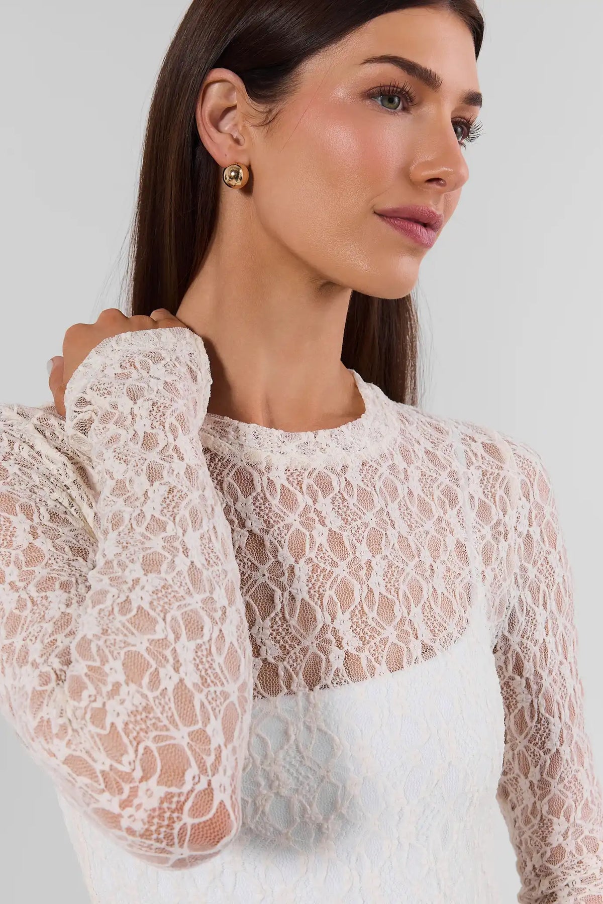 Cream Lace Top - Close-Up Detail of Round Neckline and Semi-Sheer Lace Fabric | Avara