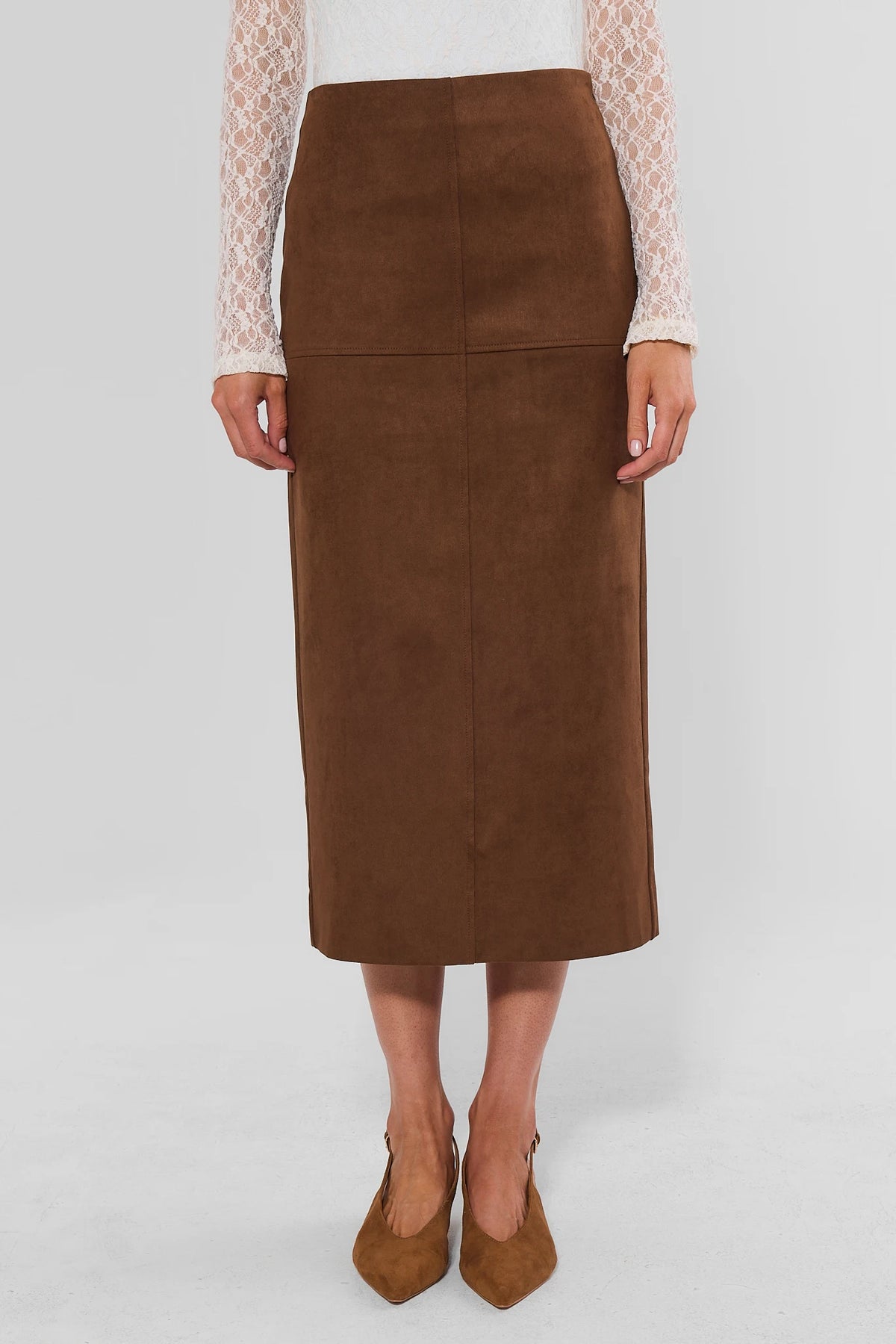 Annalise Brown Faux Suede Midi Skirt - Front View, On Model with White Lace Top & Kitten Heels | Avara