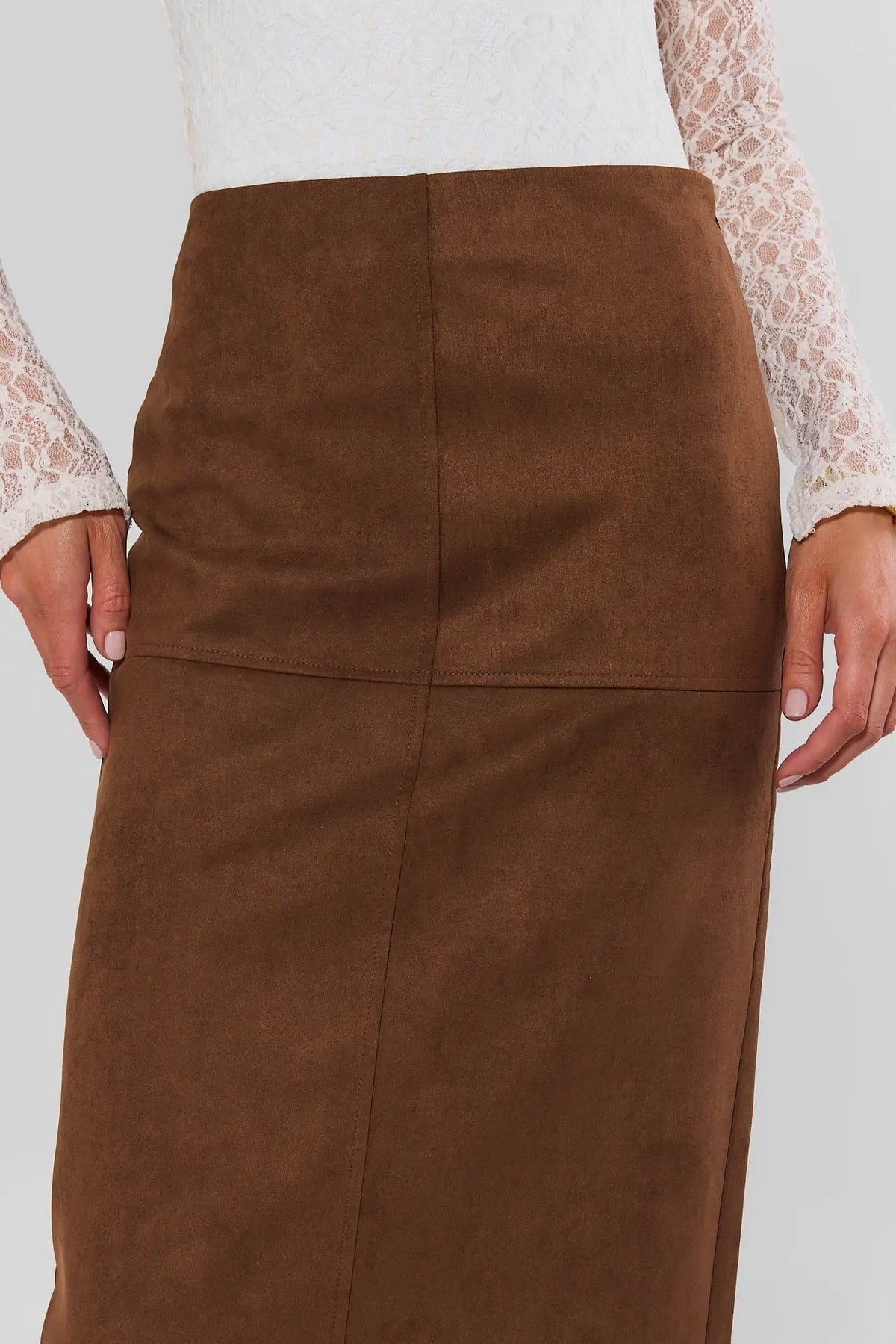 Annalise Brown Faux Suede Midi Skirt - Waist & Seamed Panel Close-Up Detail | Avara