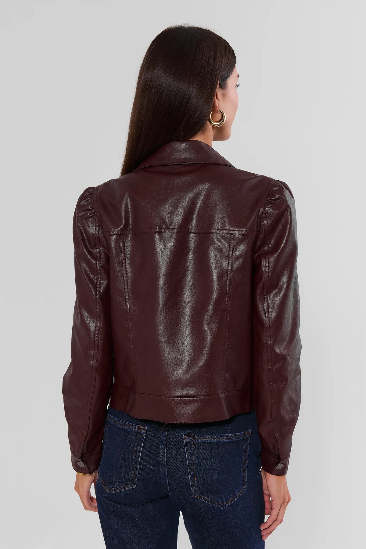 Roxanna Brown Faux Leather Jacket - Back View Showing Seam Detail & Relaxed Fit | Avara